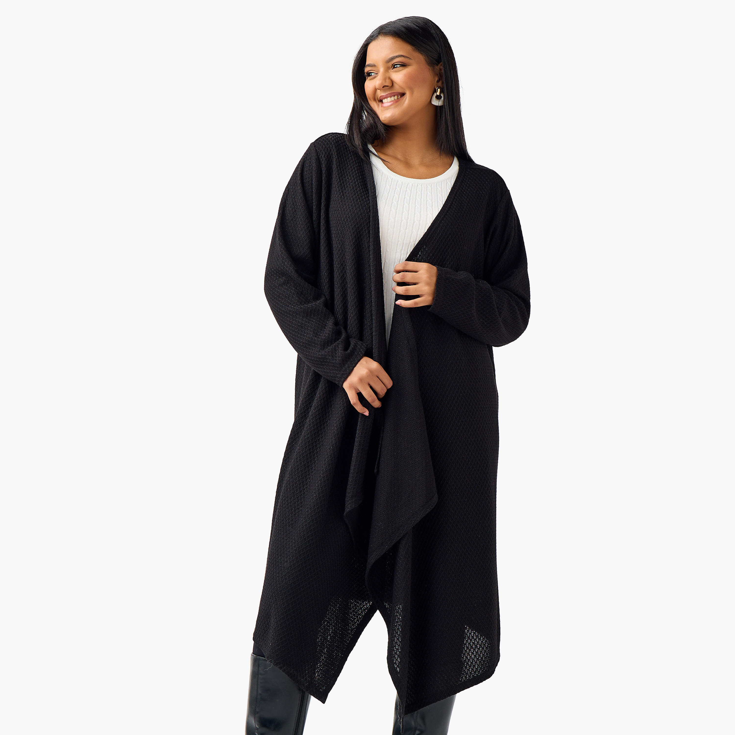 كارديجان طويل بارز الملمس بقصة مريحة من أولا بوبكين-women-winterwear-cardigansandjumpers-cardigans-image-1