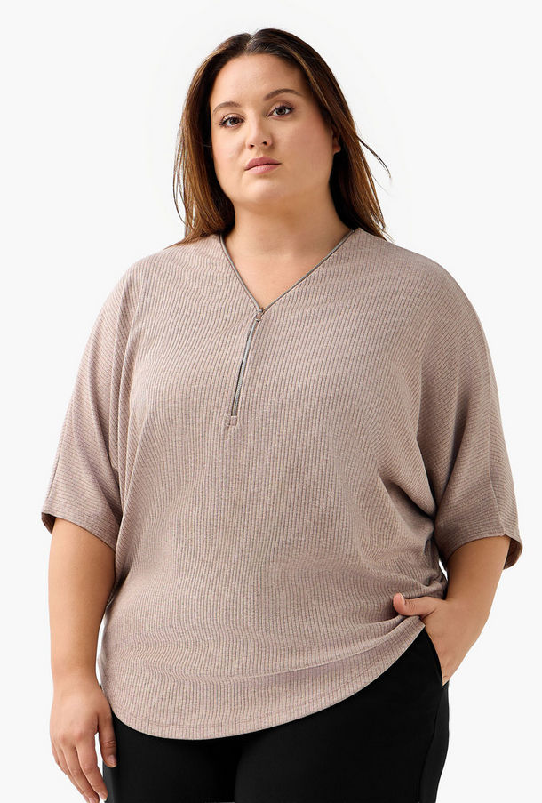 Ulla Popken T-shirt Relaxed Fit with Ribbed Detail-women-image-1