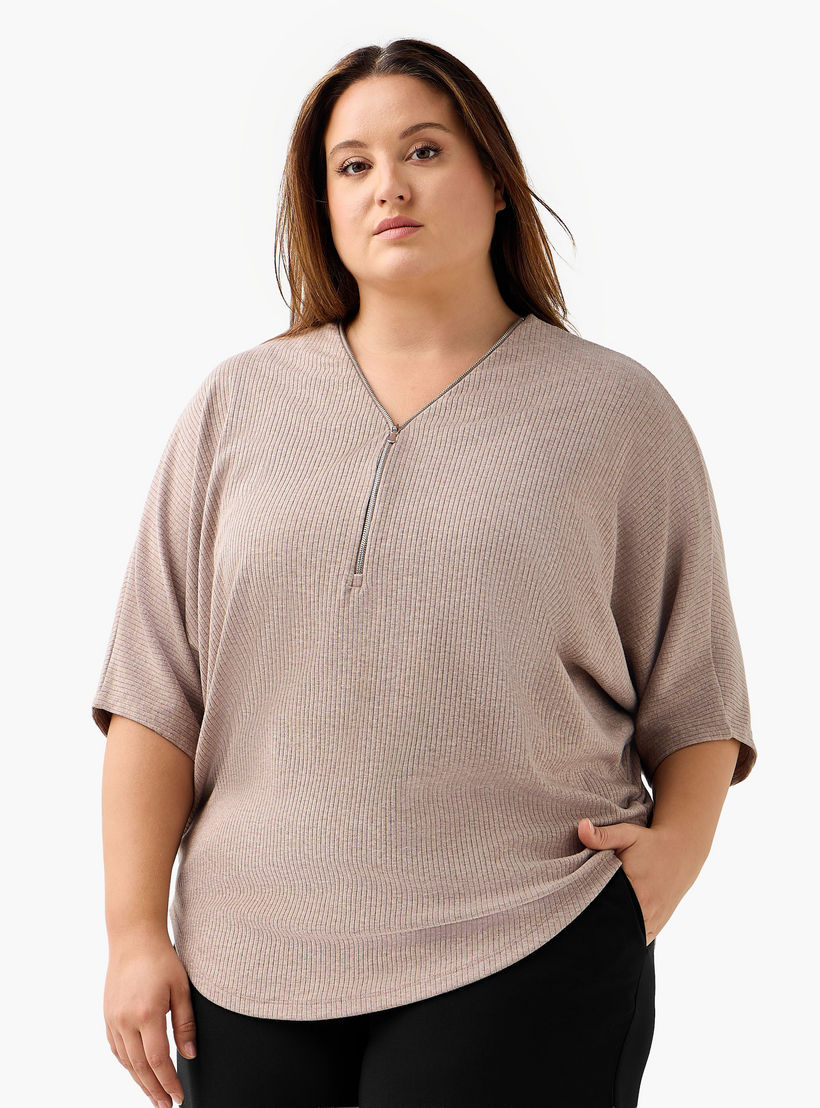 Ulla Popken T-shirt Relaxed Fit with Ribbed Detail-women-clothing-tshirts-image-1