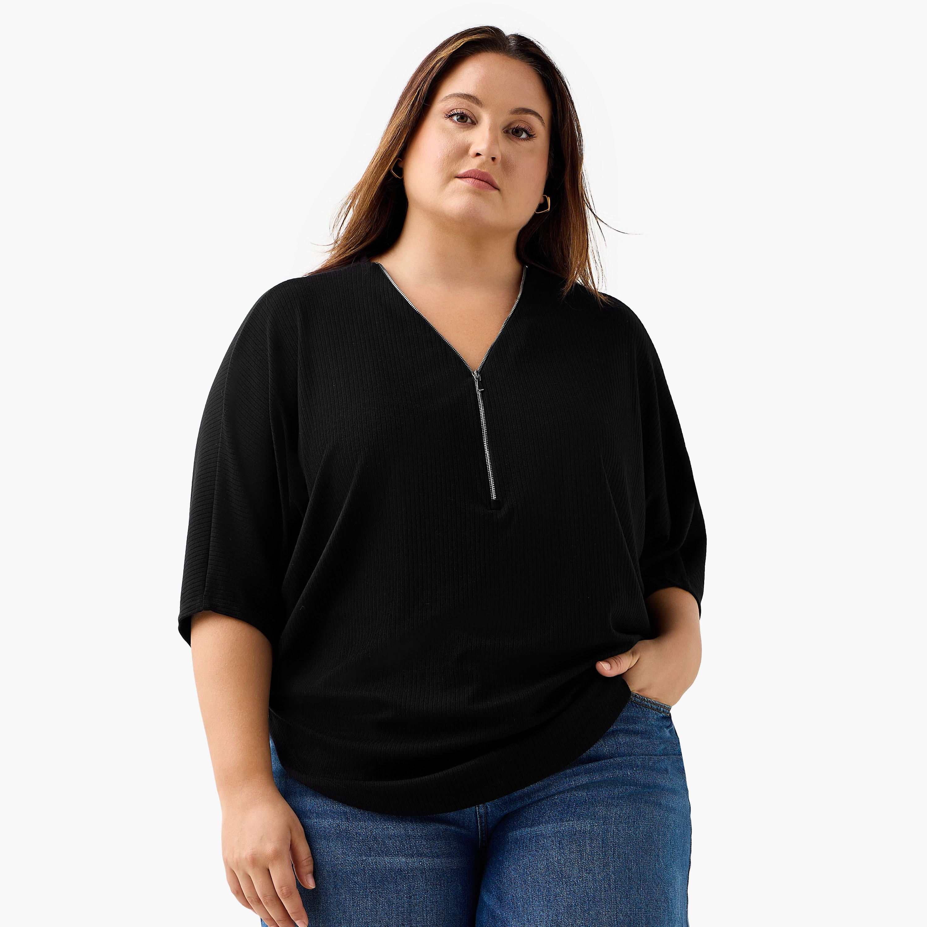Ulla Popken T-shirt Relaxed Fit with Ribbed Detail-women-clothing-tshirts-image-1
