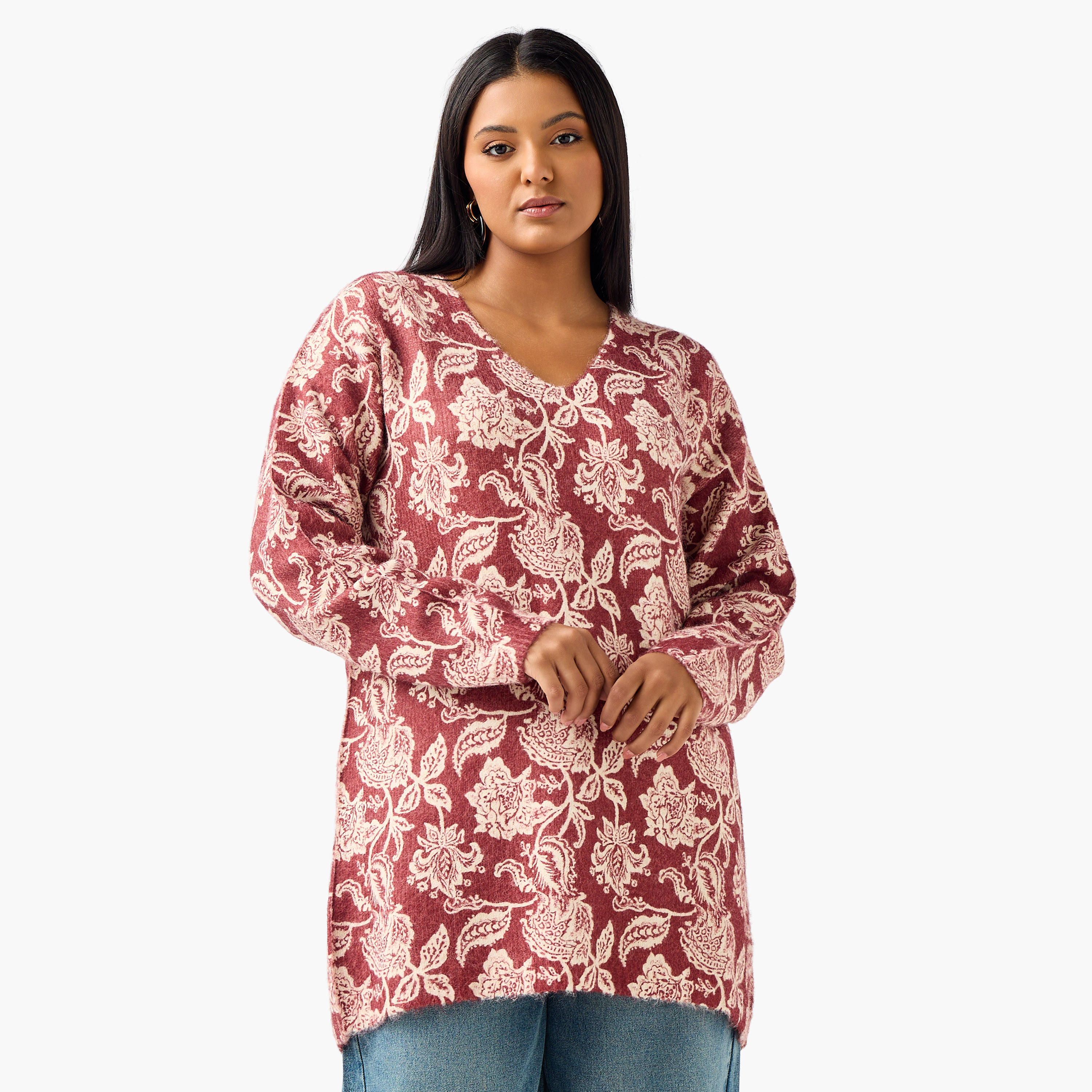 Ulla Popken Paisley Print V-neck Sweater-women-clothing-cardigansandjumpers-cardigans-image-1