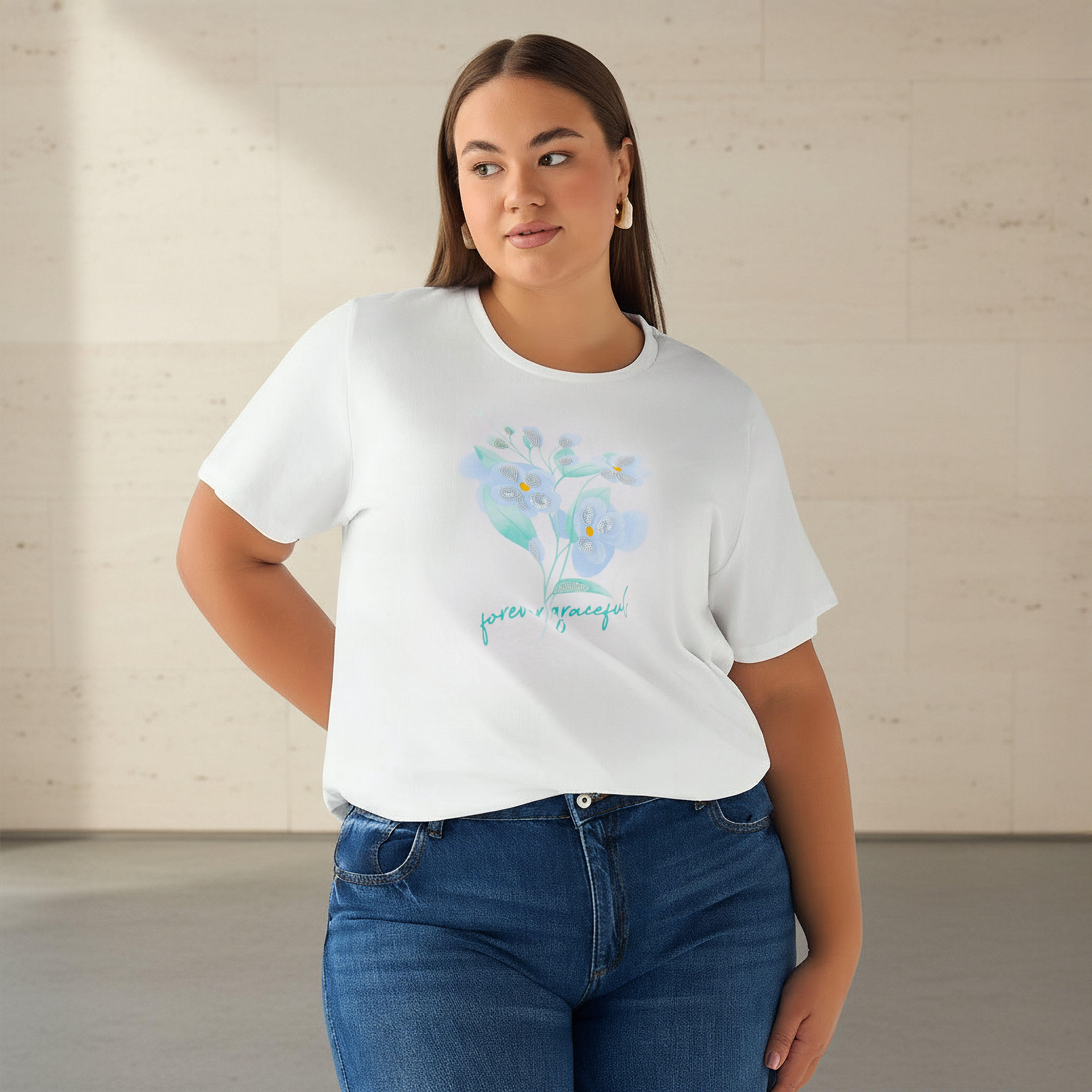 Ulla Popken Regular Fit Cotton T-shirt with Floral Sequins-women-clothing-tshirts-image-1