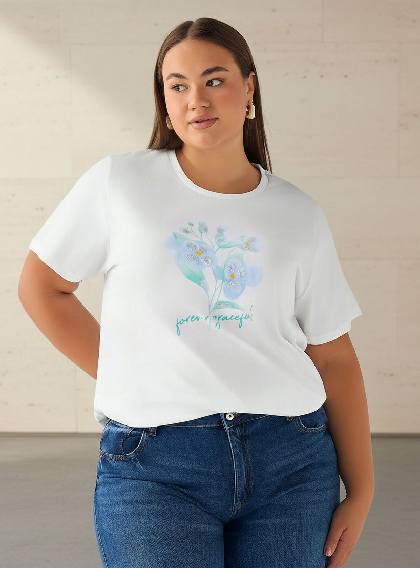 Ulla Popken Regular Fit Cotton T-shirt with Floral Sequins-women-clothing-tshirts-image-1