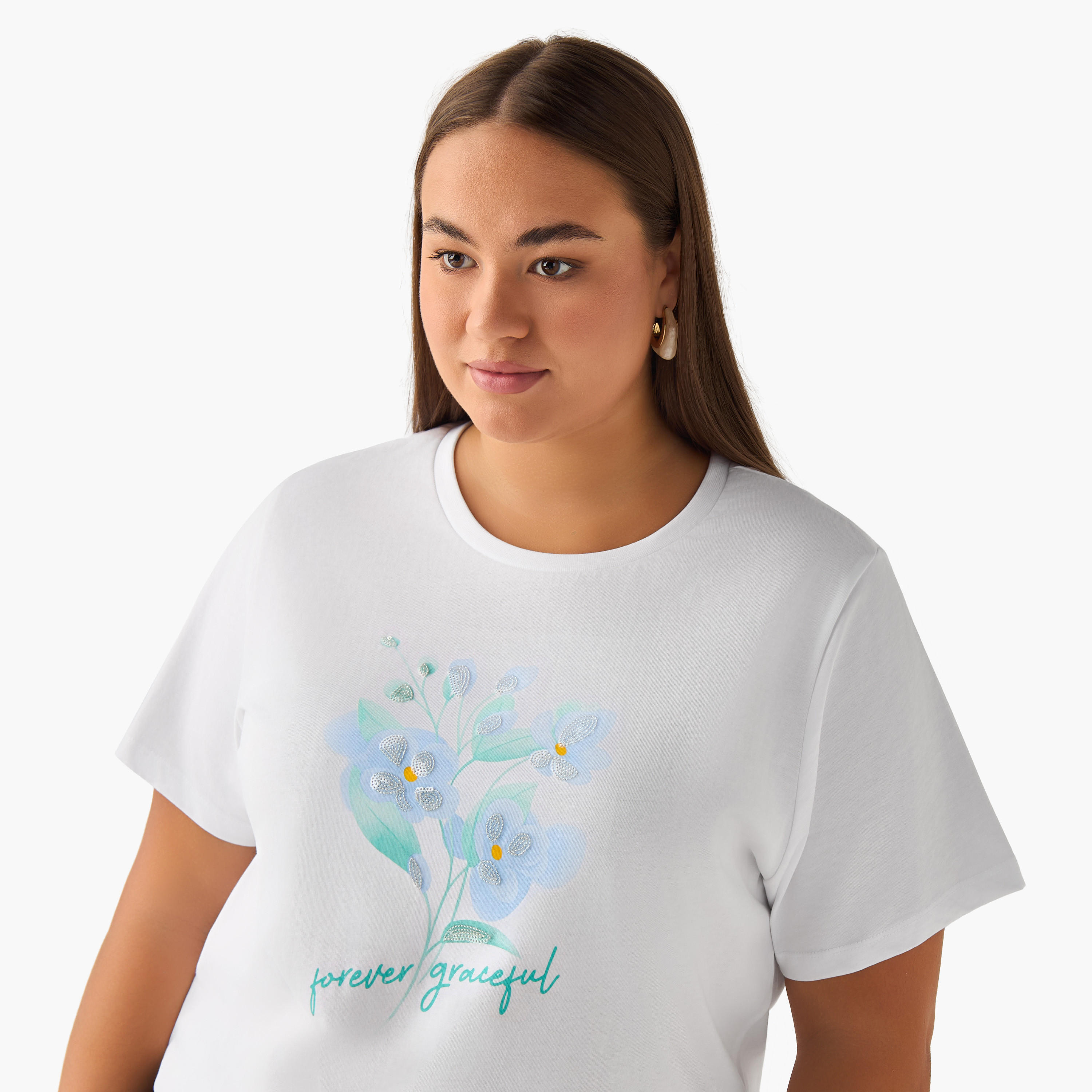 Ulla Popken Regular Fit Cotton T-shirt with Floral Sequins-women-clothing-tshirts-image-4