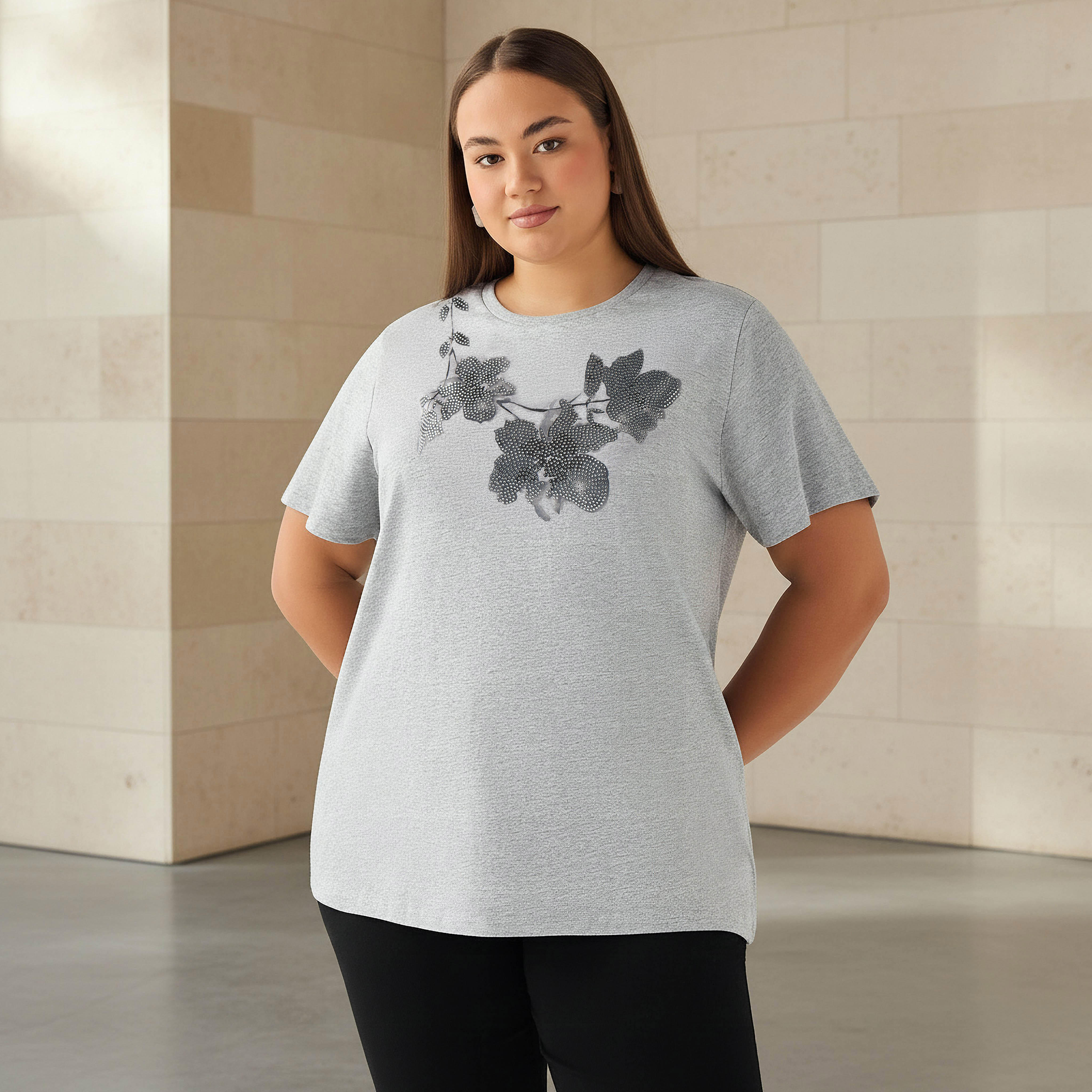 Ulla Popken Regular Fit Cotton T-shirt with Floral Embellishment-women-clothing-tshirts-image-1