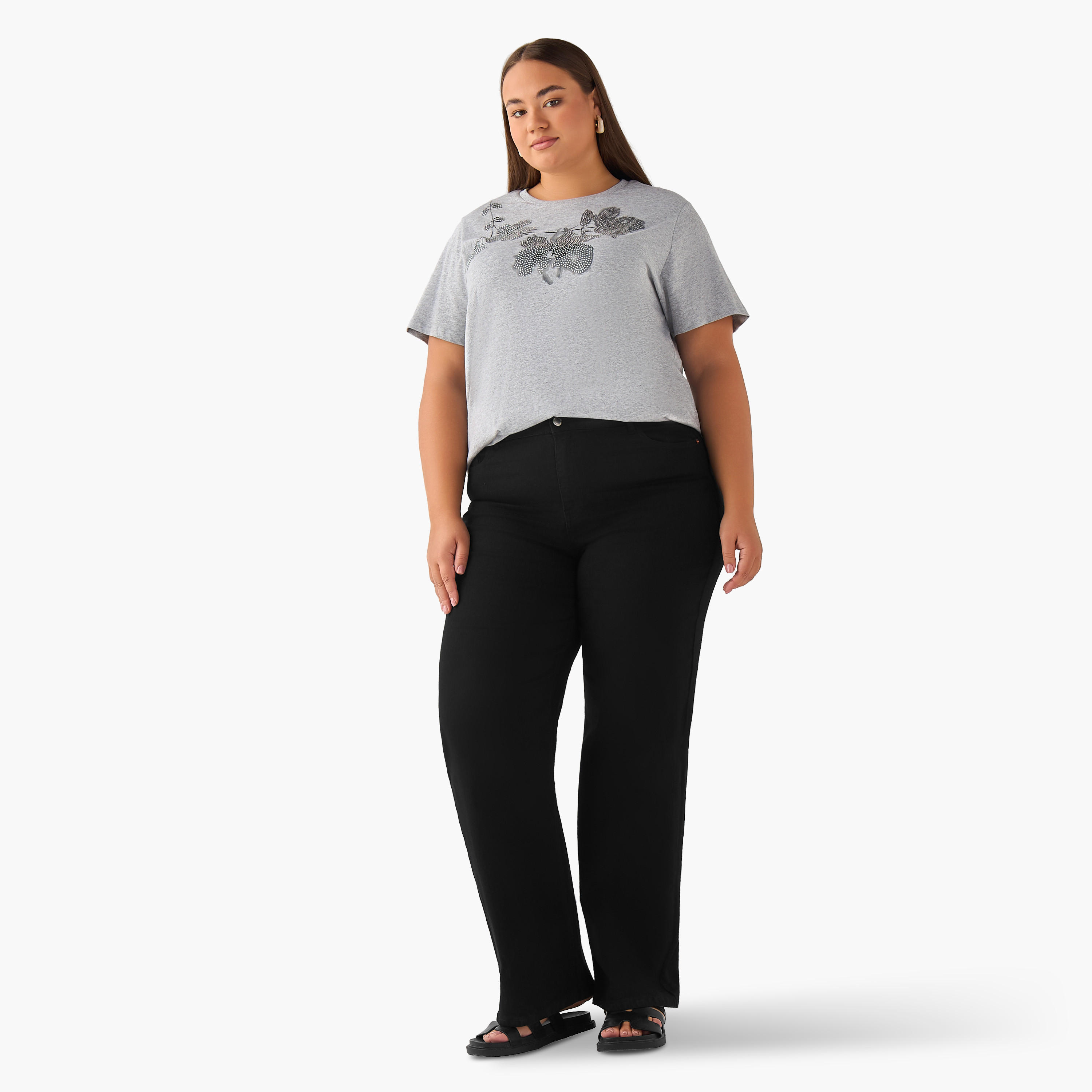 Ulla Popken Regular Fit Cotton T-shirt with Floral Embellishment-women-clothing-tshirts-image-2