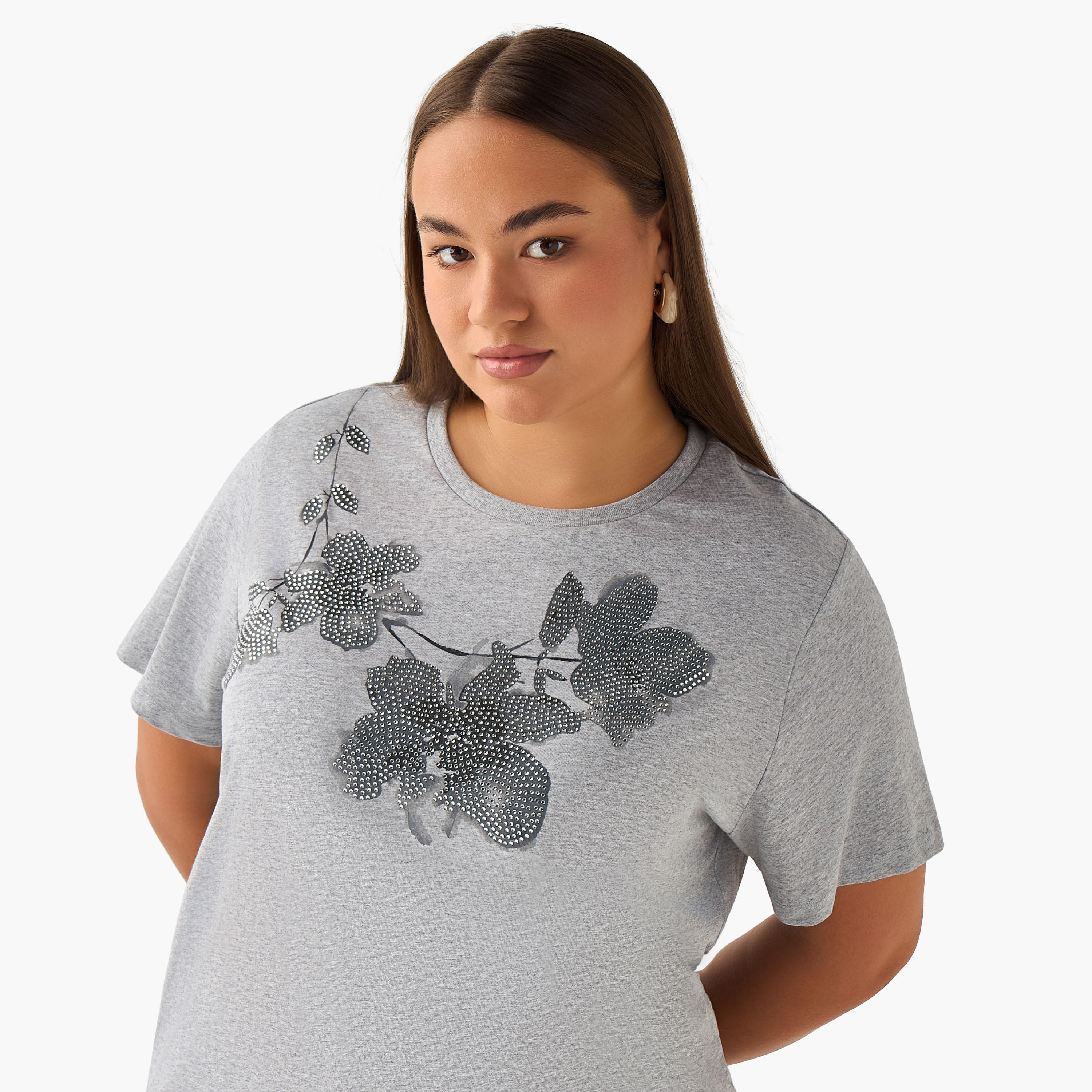 Ulla Popken Regular Fit Cotton T-shirt with Floral Embellishment-women-clothing-tshirts-image-4