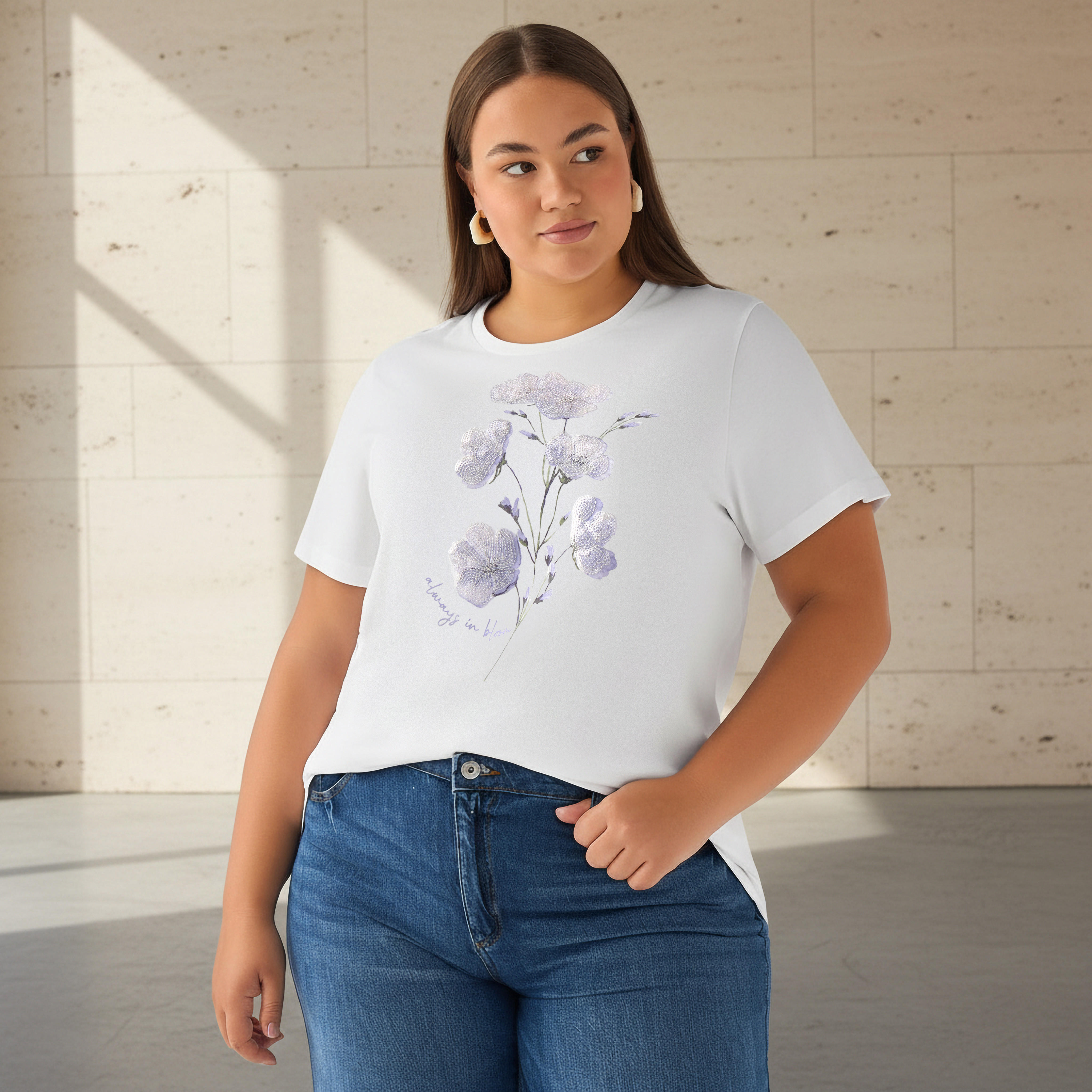 Ulla Popken Cotton T-shirt with Floral Sequins-women-clothing-tshirts-image-1
