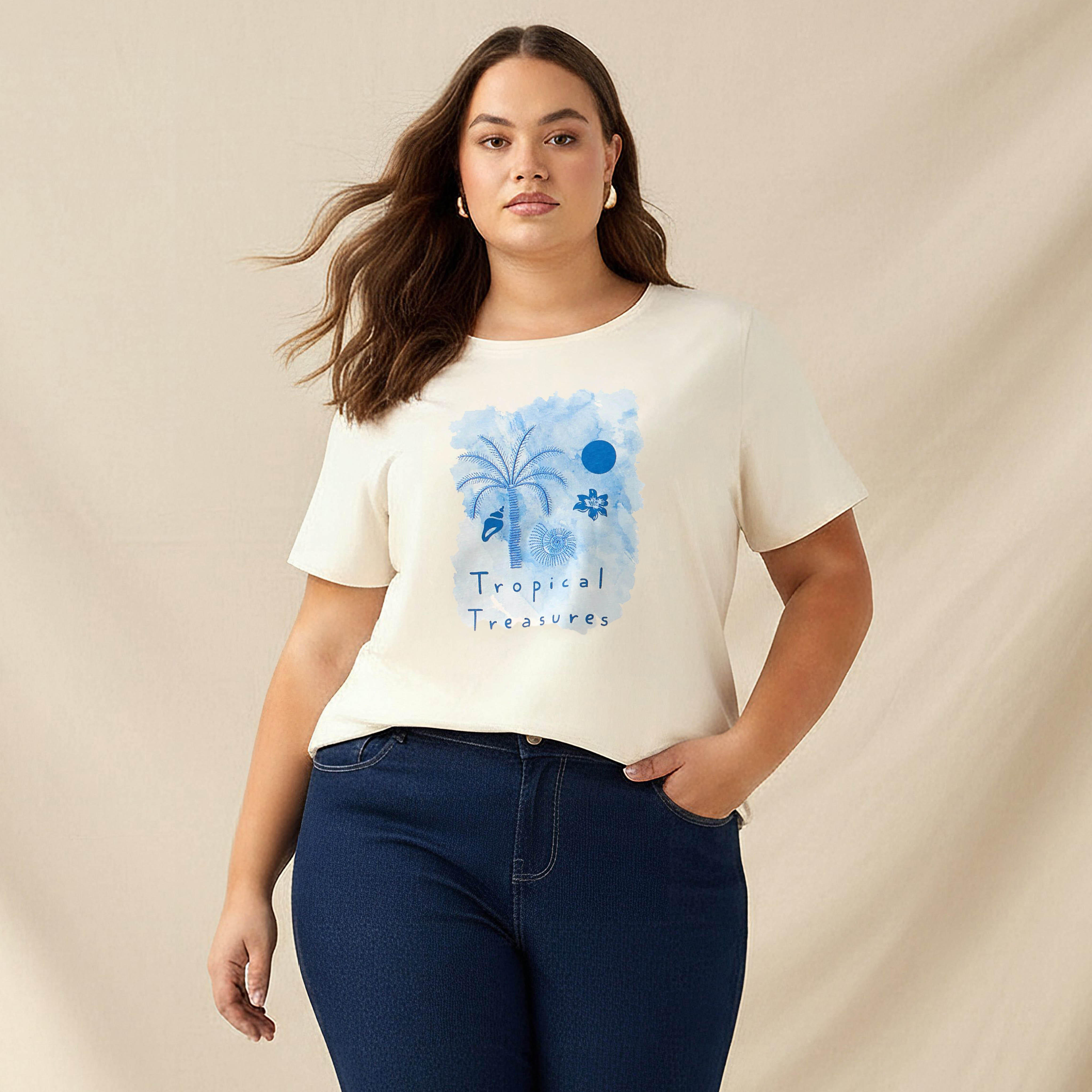 Ulla Popken Relaxed Fit T-shirt with Tropical Print-women-clothing-tshirts-image-1