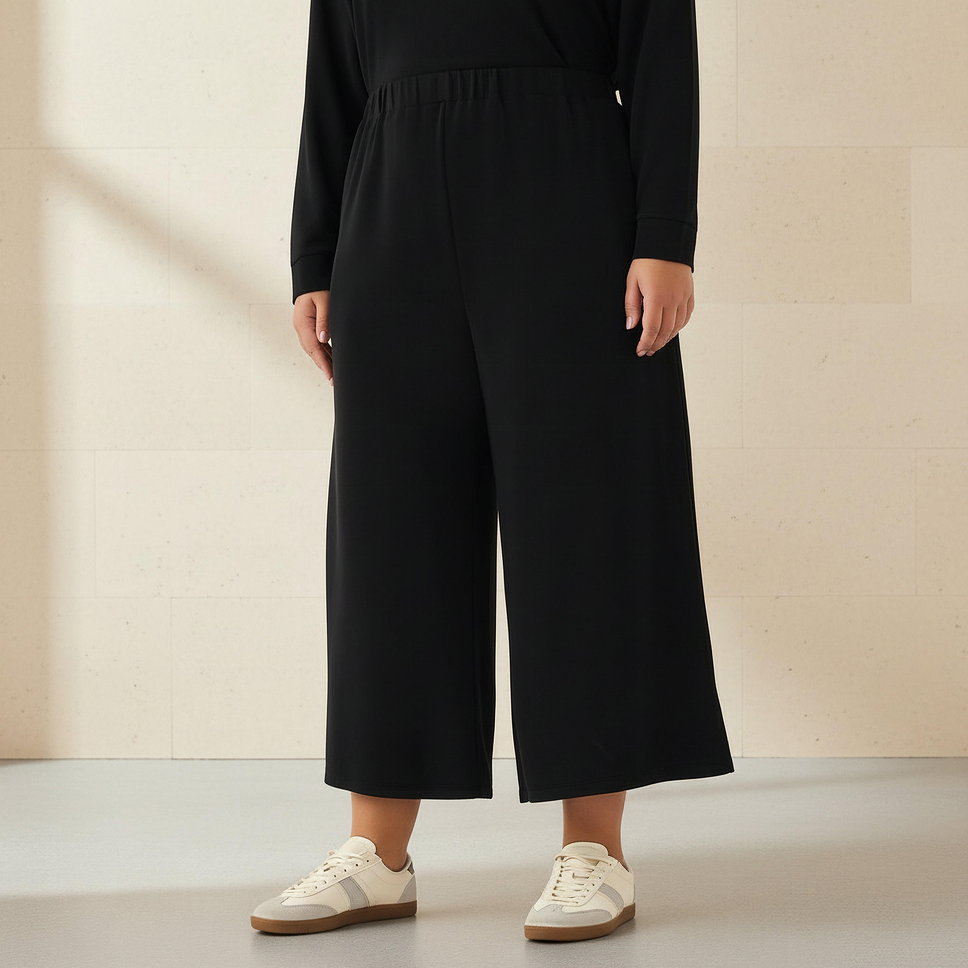 Ulla Popken Relaxed Fit Elasticated Waist Wide Leg Pants-women-clothing-coordsets-image-1