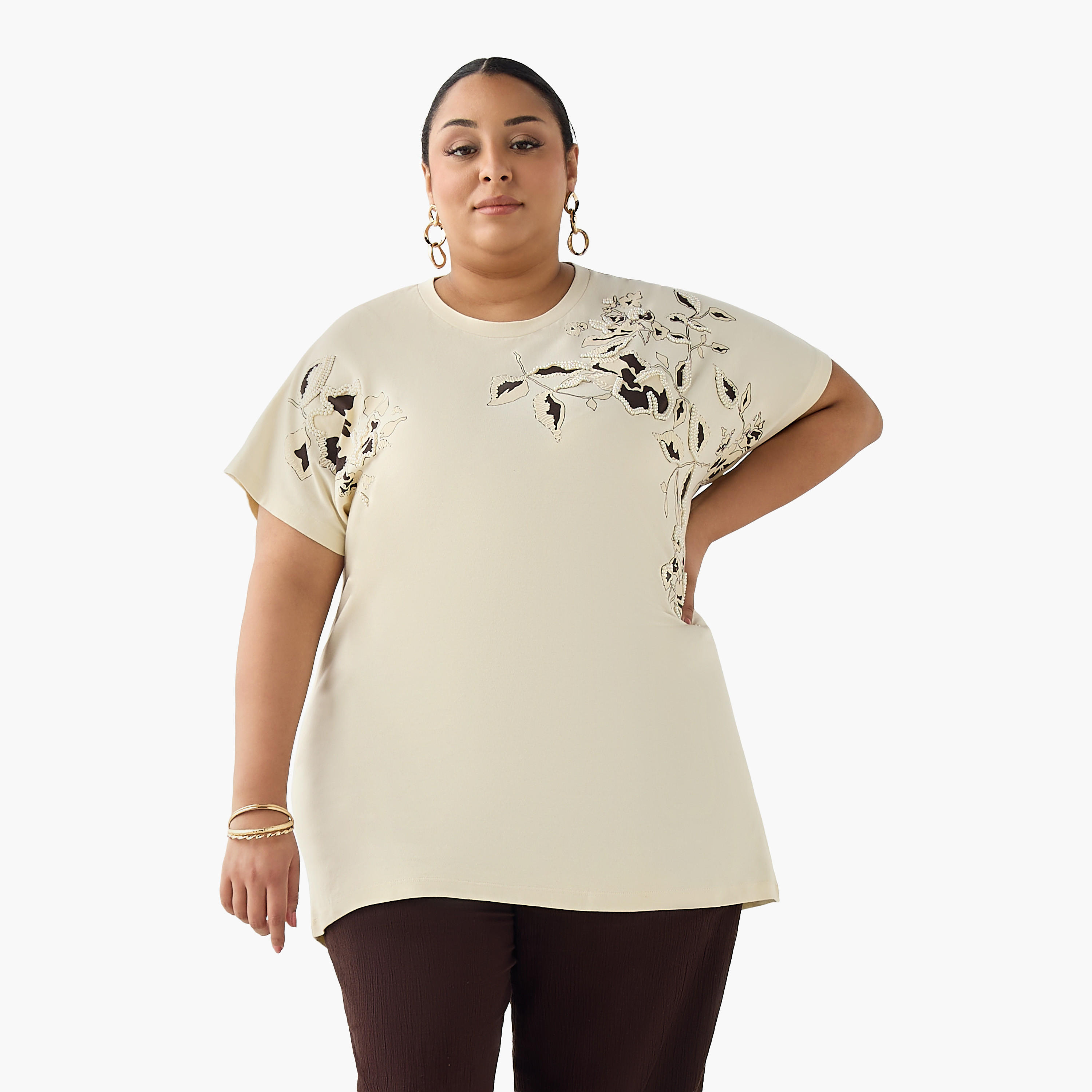 Ulla Popken Relaxed Fit T-shirt with Floral Embellished Detail-women-clothing-tshirts-image-4