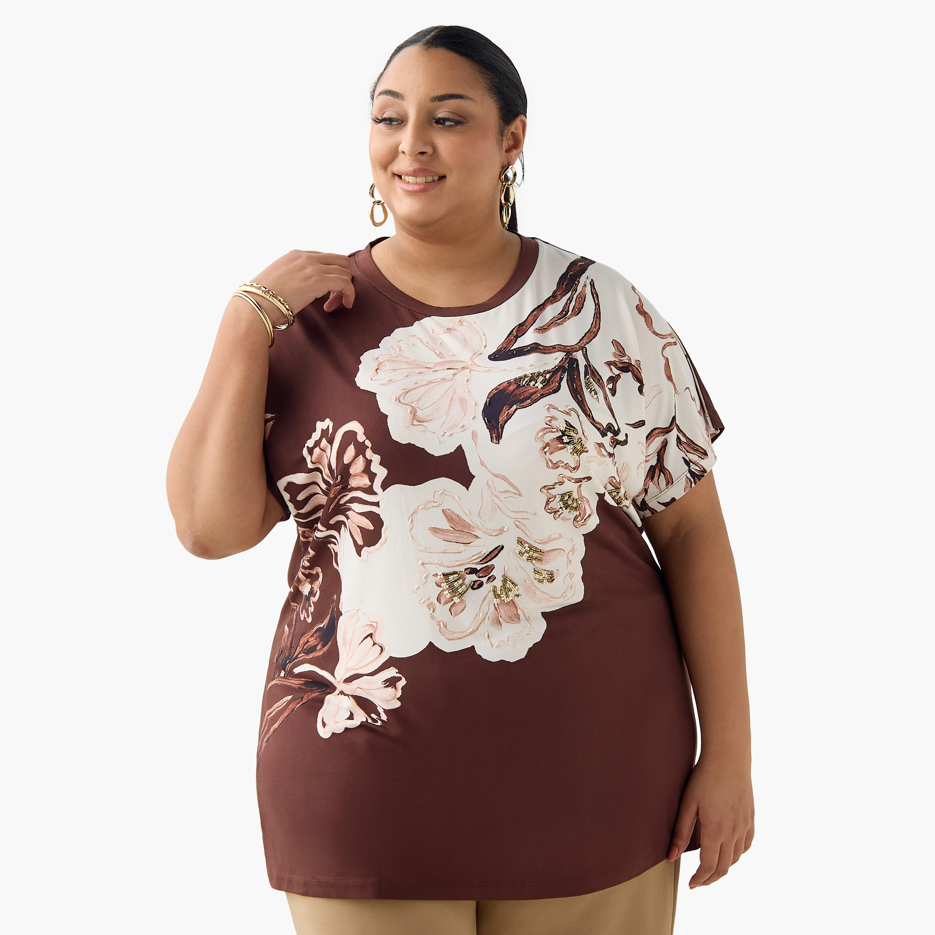 Ulla Popken Relaxed Fit T-shirt with Bead Embellished Detail-women-clothing-tshirts-image-2