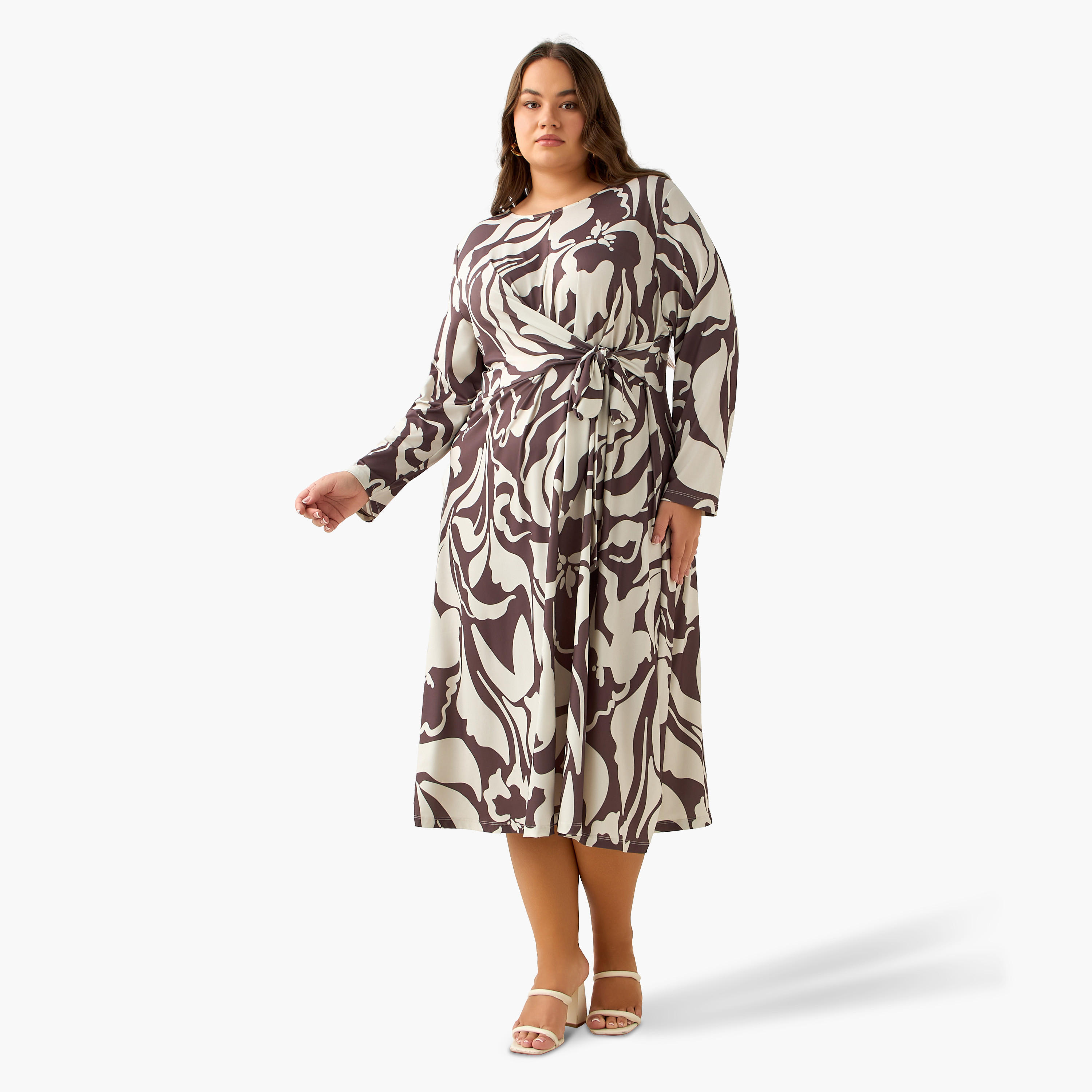 Ulla Popken A-line Midi Dress with Knot Detail and Floral Print-women-clothing-dresses-image-3