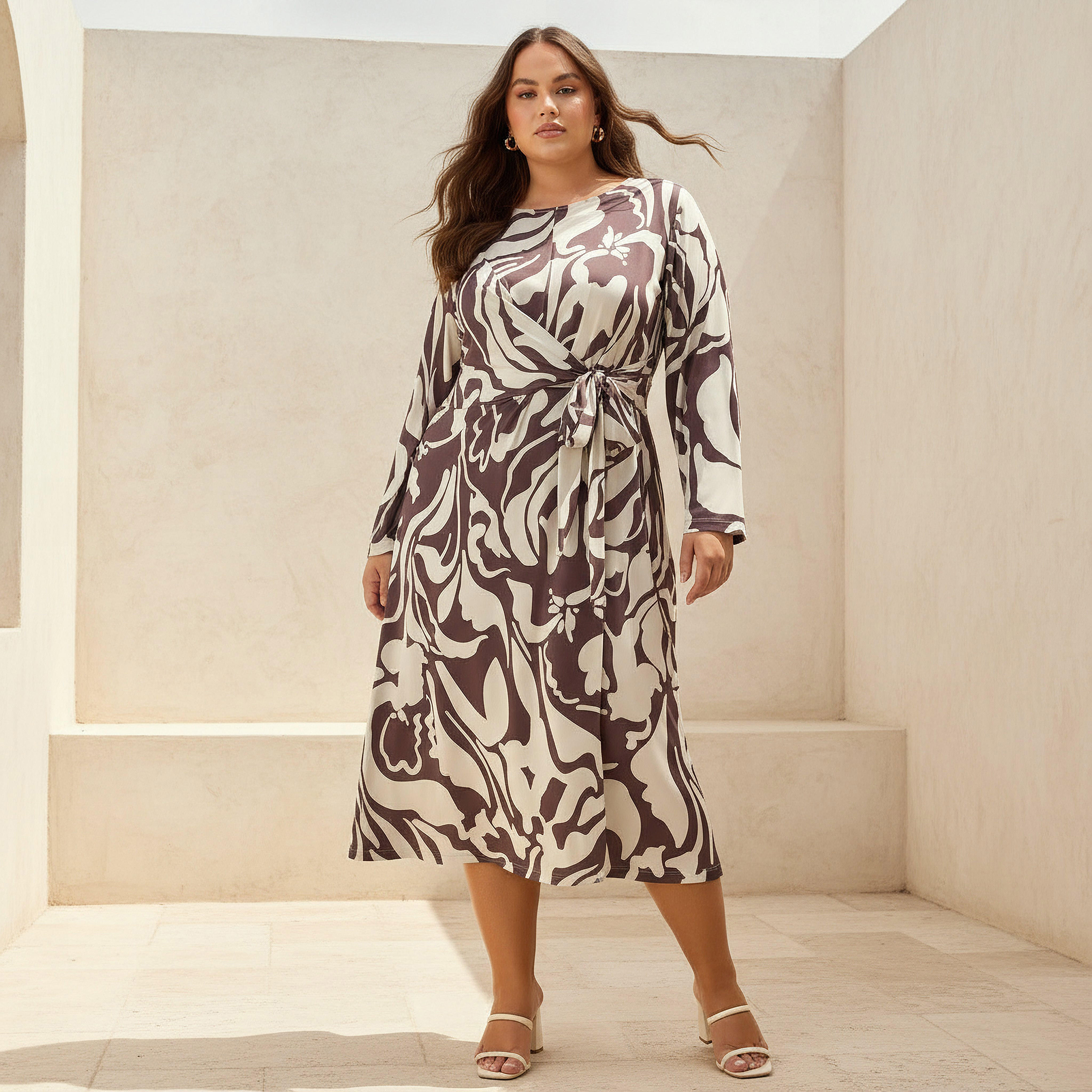 Ulla Popken A-line Midi Dress with Knot Detail and Floral Print-women-clothing-dresses-image-1