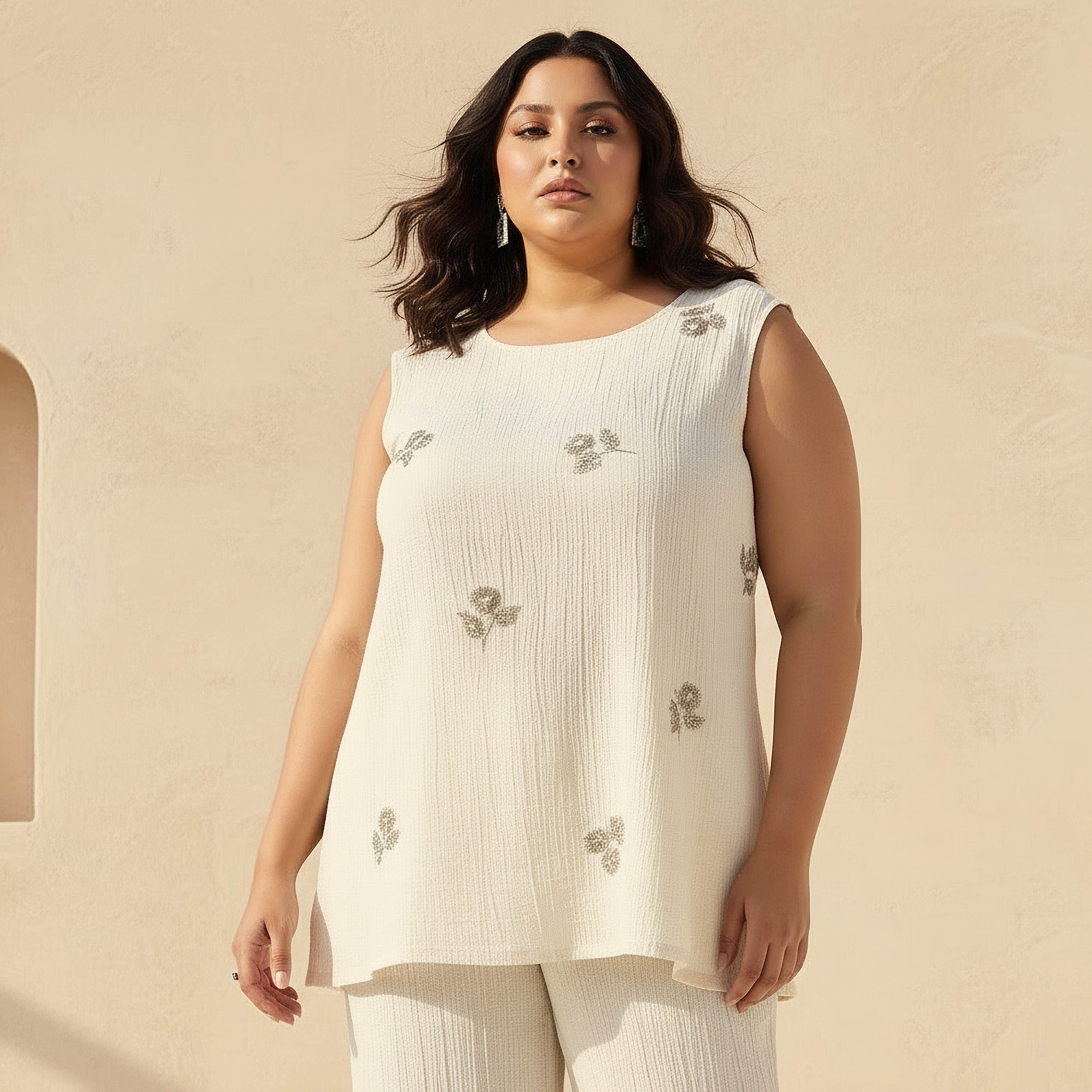 Ulla Popken Sleeveless Linen Blend Top with Embellishment-women-clothing-coordsets-image-1