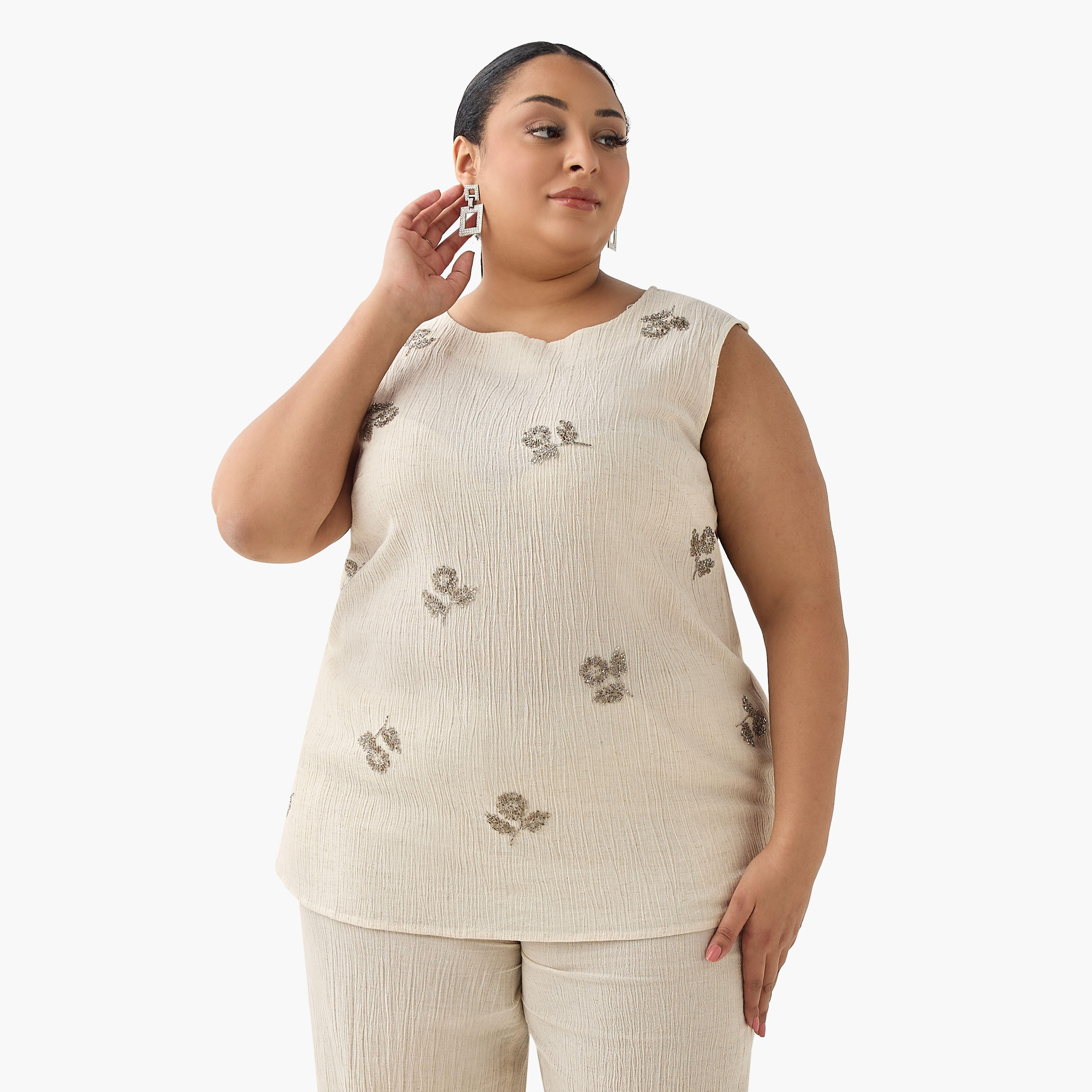 Ulla Popken Sleeveless Linen Blend Top with Embellishment-women-clothing-coordsets-image-4