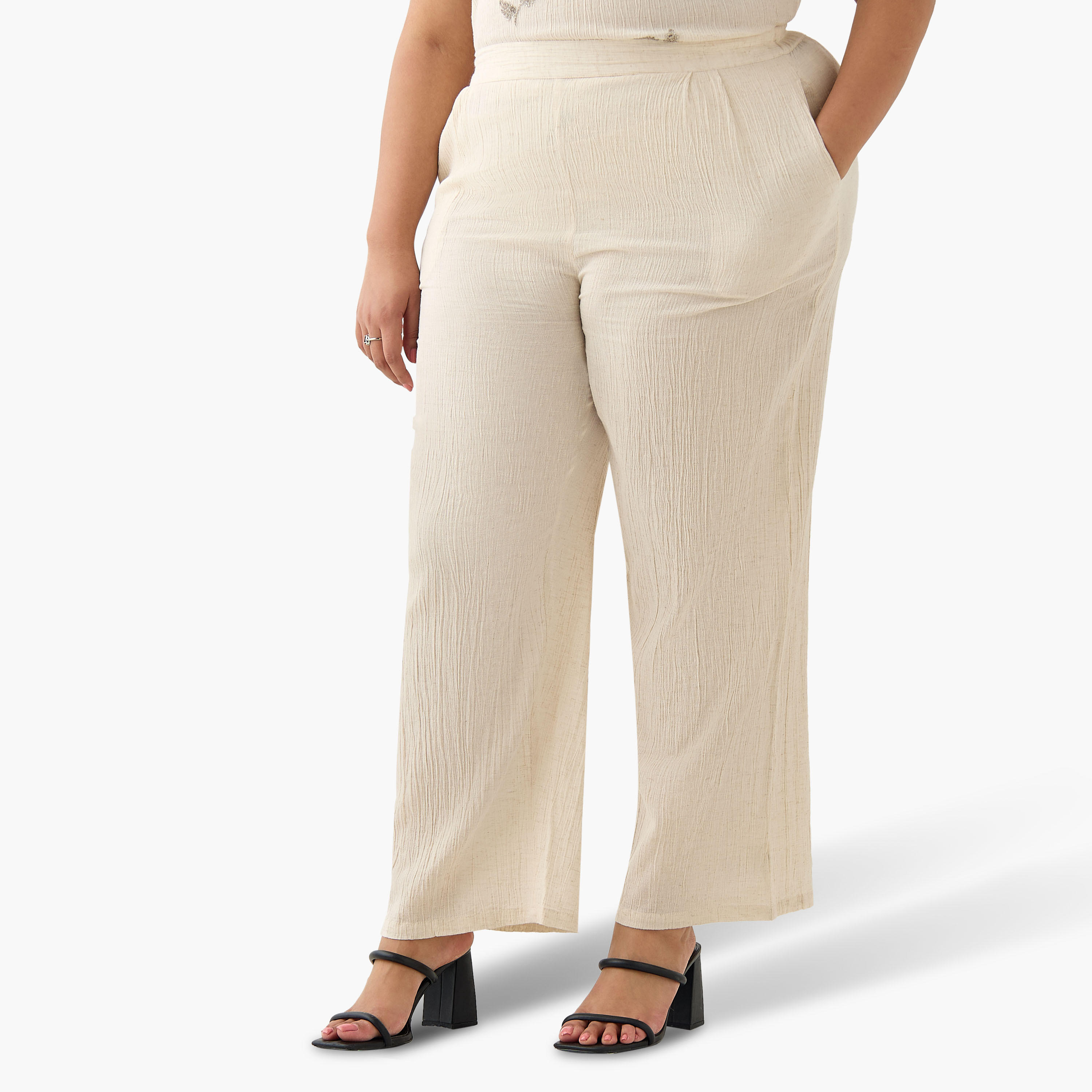 Ulla Popken Textured Wide Leg Linen Blend Pants-women-clothing-coordsets-image-3