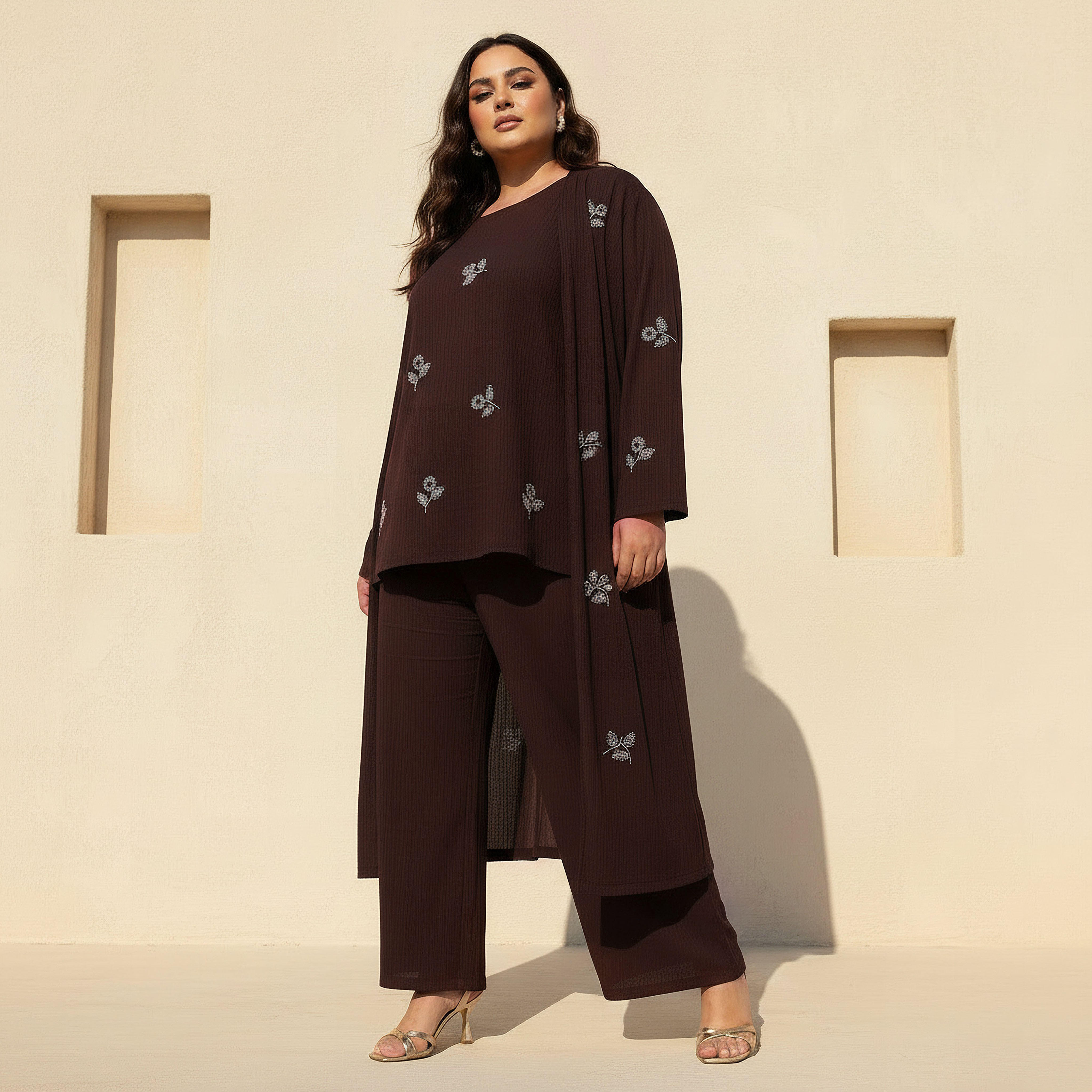 Ulla Popken Relaxed Fit Linen Blend Longline Shrug with Embellishments-women-clothing-coordsets-image-1