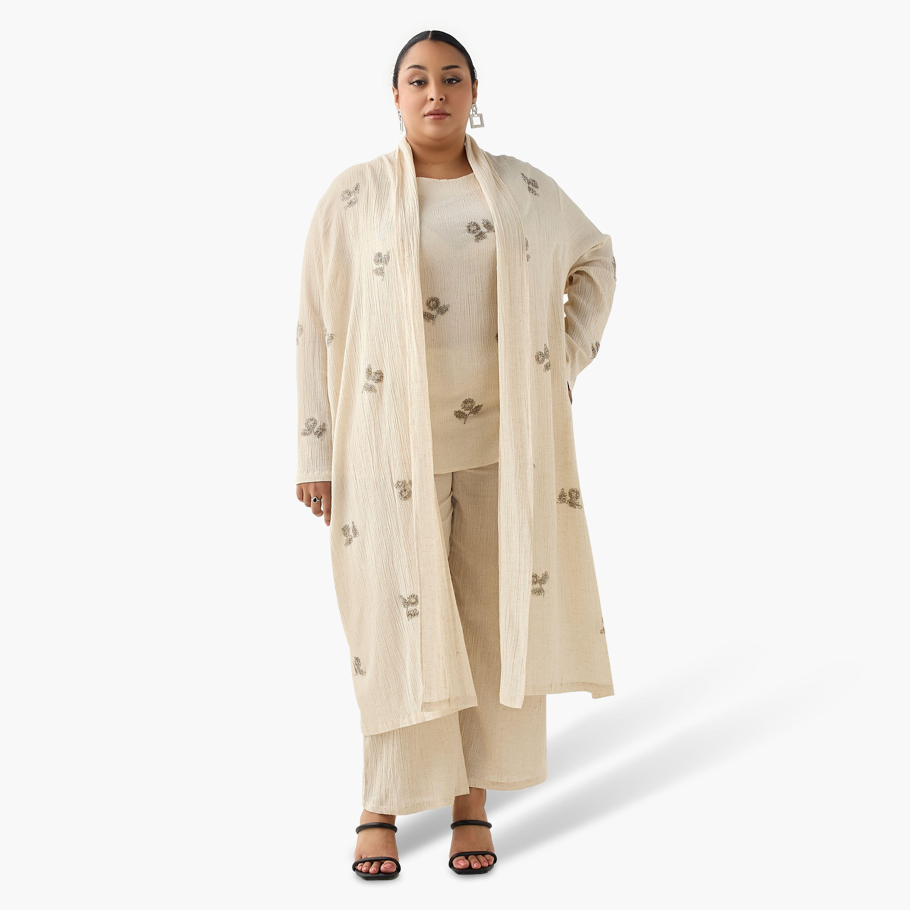 Ulla Popken Relaxed Fit Linen Blend Longline Shrug with Embellishments-women-clothing-coordsets-image-4
