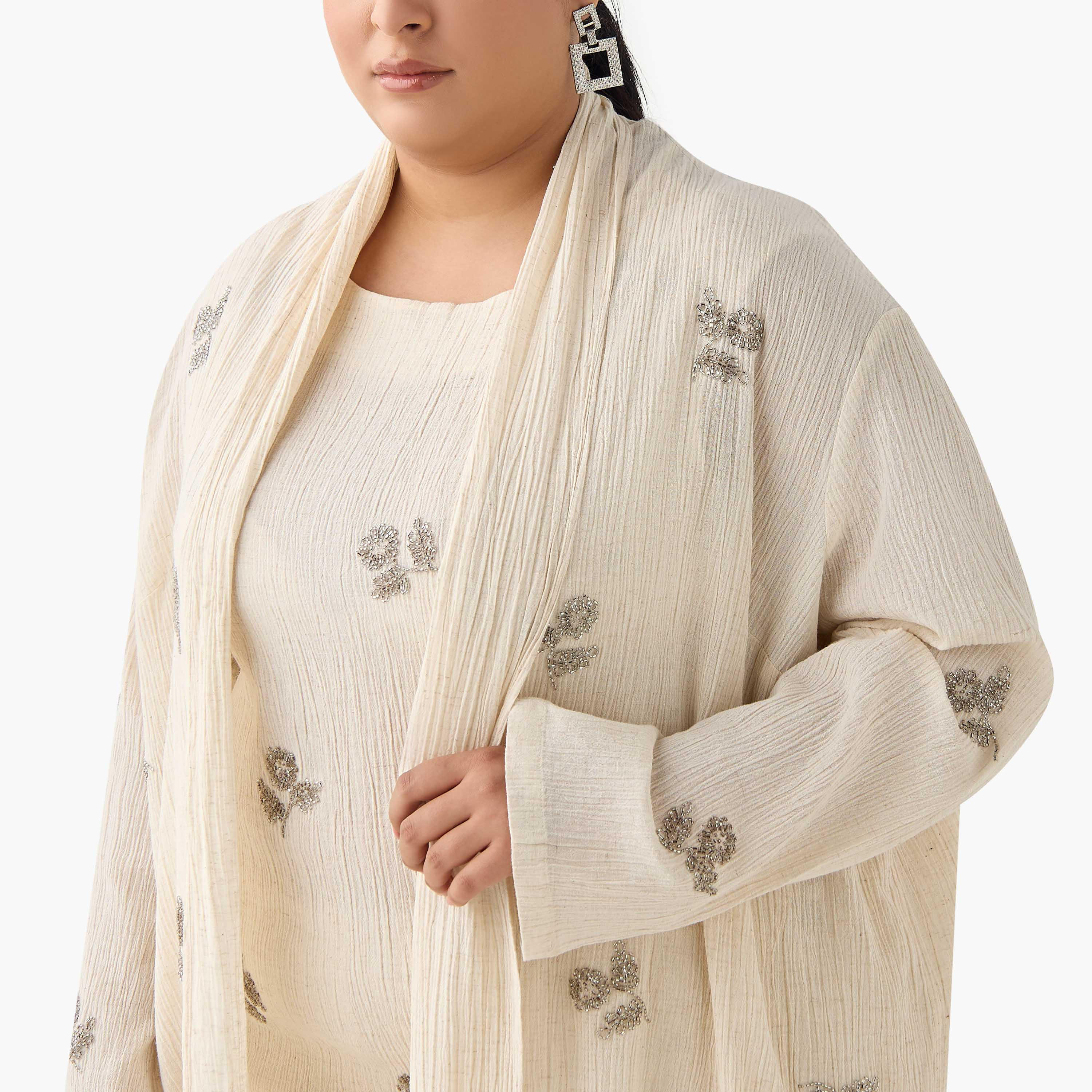 Ulla Popken Relaxed Fit Linen Blend Longline Shrug with Embellishments-women-clothing-coordsets-image-7