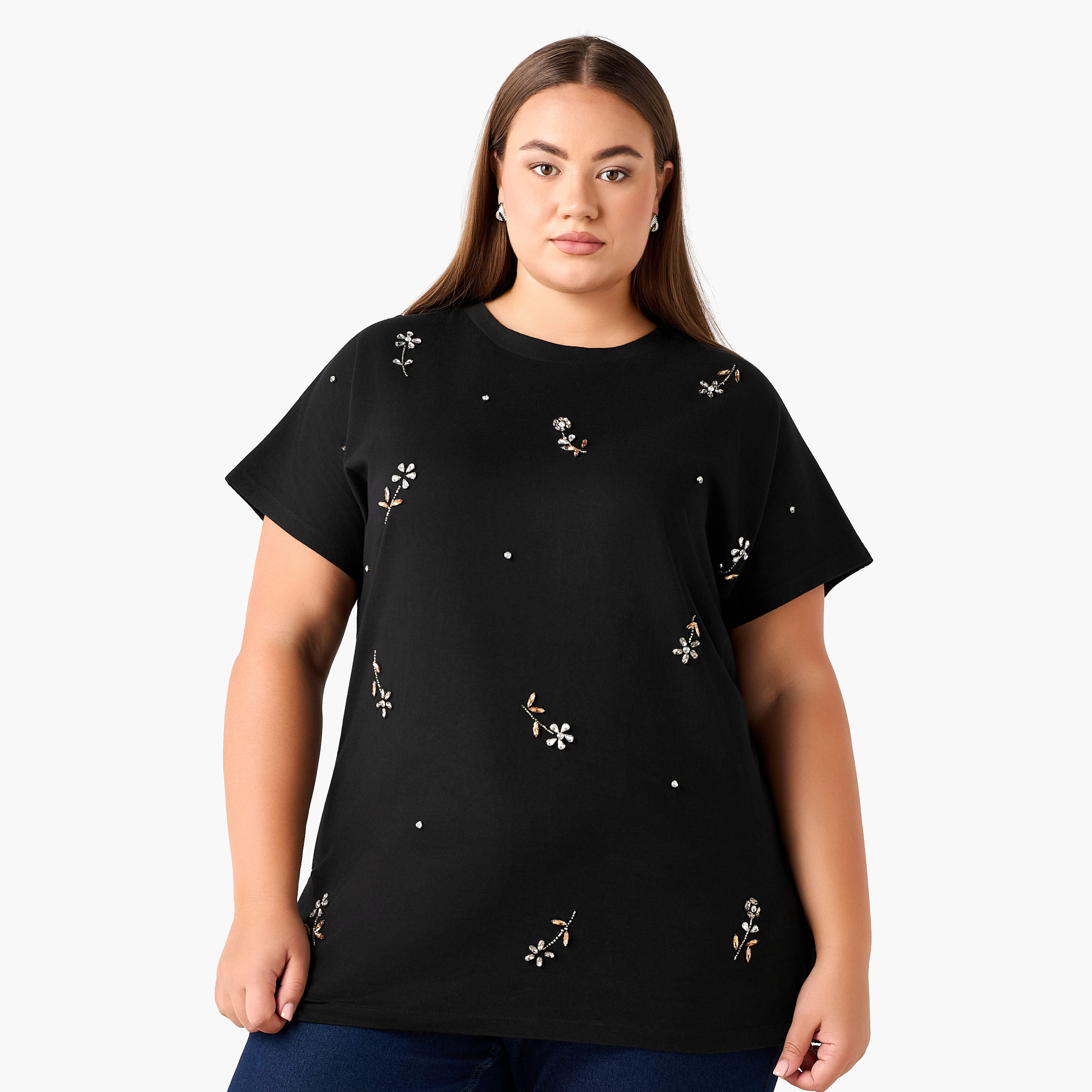 Ulla Popken Relaxed Fit Cotton T-shirt with Embellishment-women-clothing-tshirts-image-3