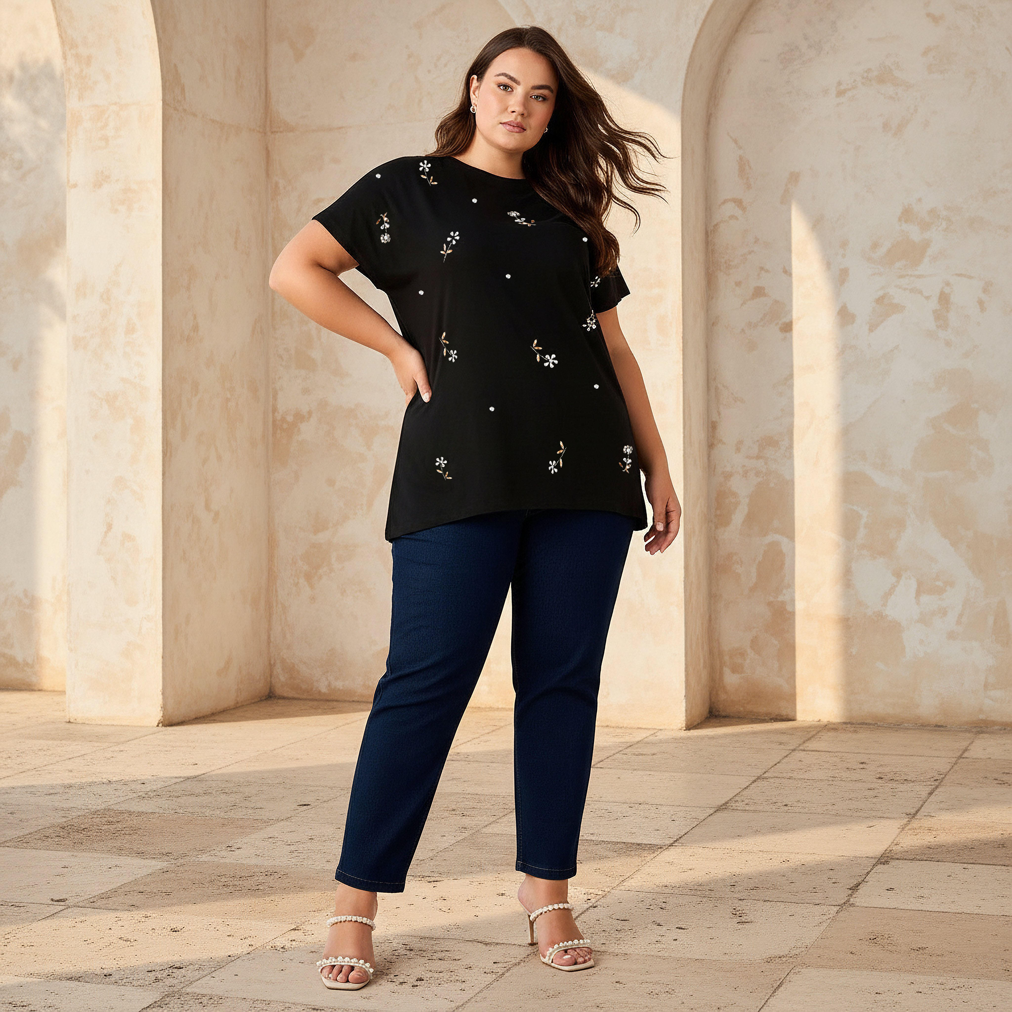 Ulla Popken Relaxed Fit Cotton T-shirt with Embellishment-women-clothing-tshirts-image-2