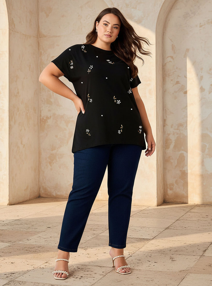 Ulla Popken Relaxed Fit Cotton T-shirt with Embellishment-women-clothing-tshirts-image-2