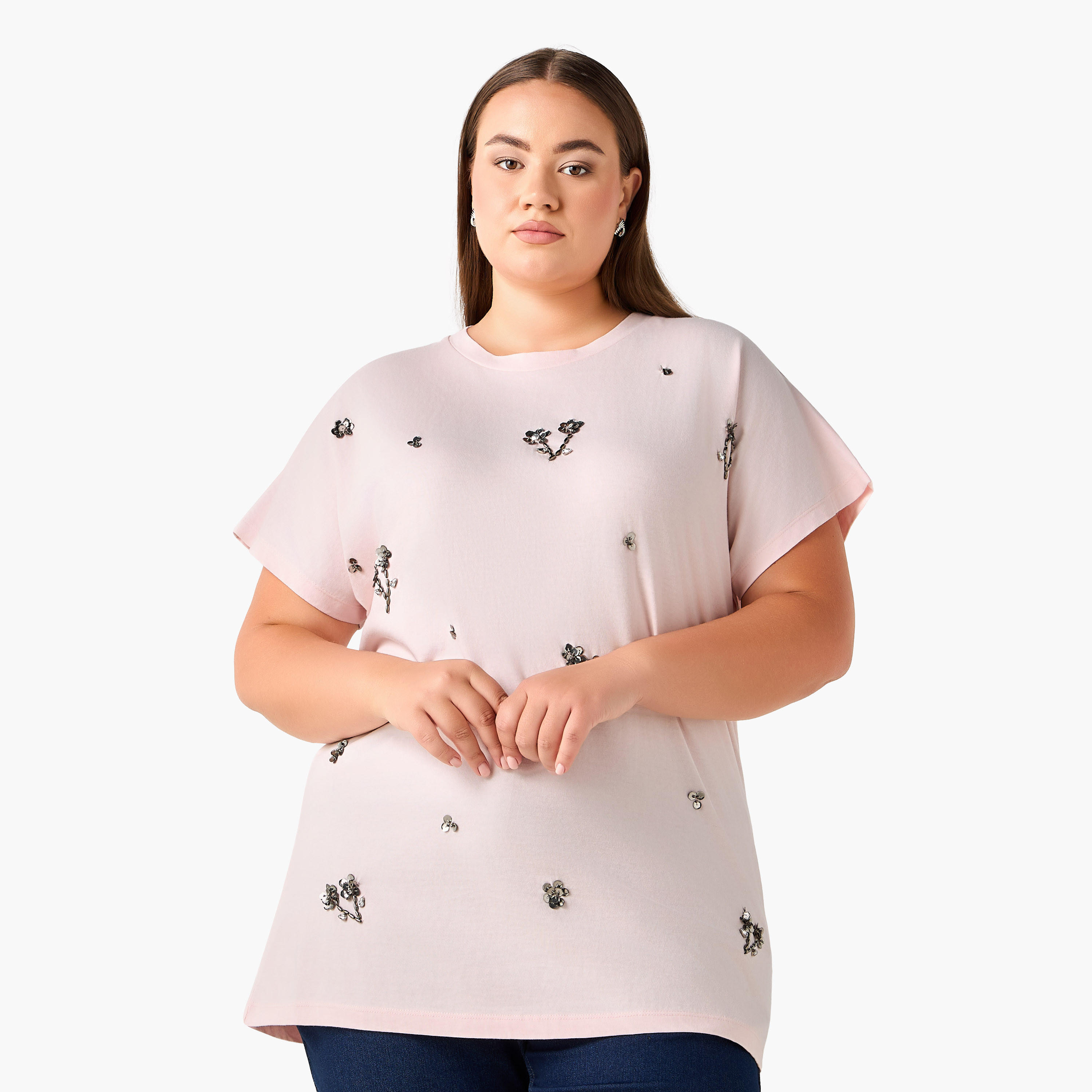 Ulla Popken Relaxed Fit Cotton T-shirt with Sequin Embellishment-women-clothing-tshirts-image-2