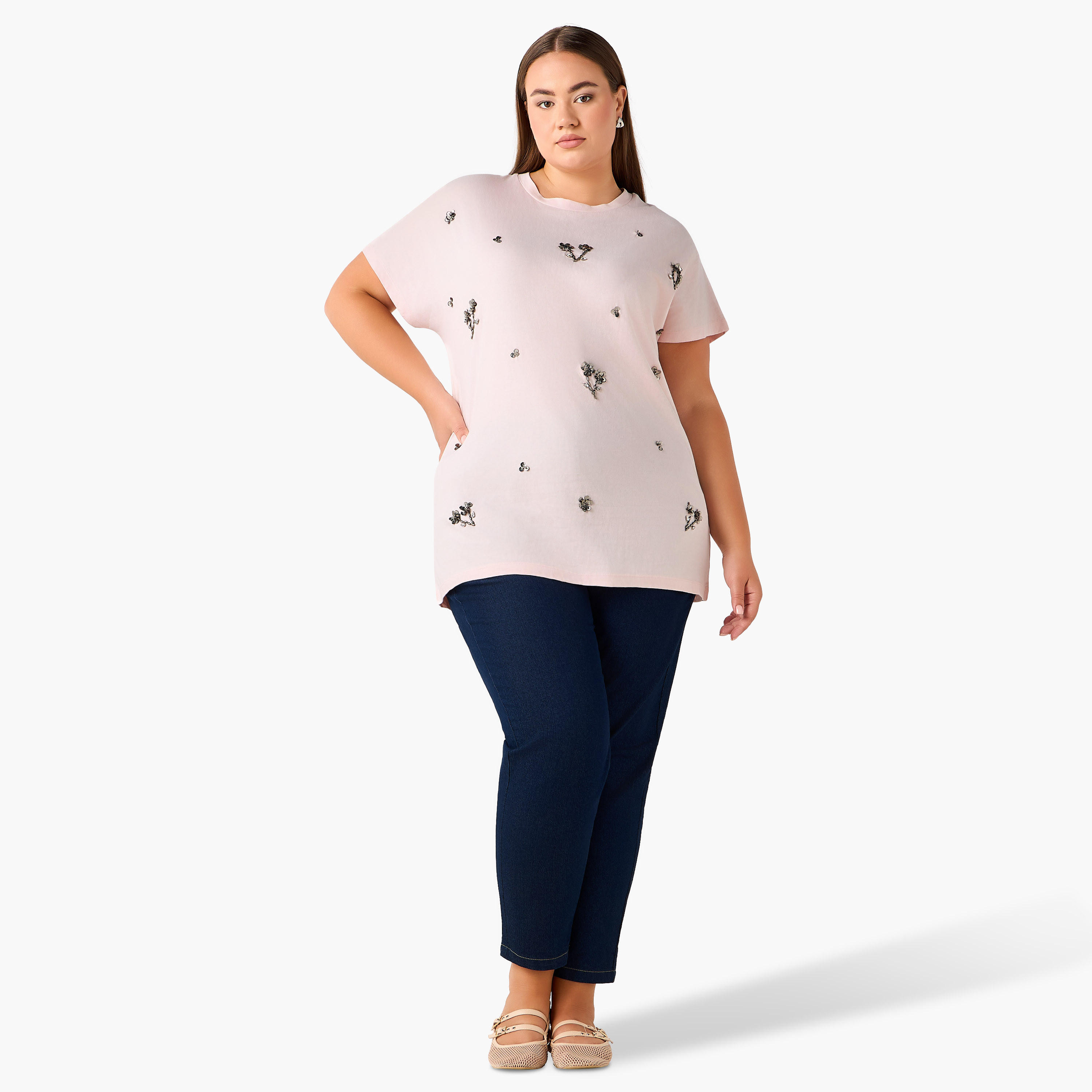 Ulla Popken Relaxed Fit Cotton T-shirt with Sequin Embellishment-women-clothing-tshirts-image-3