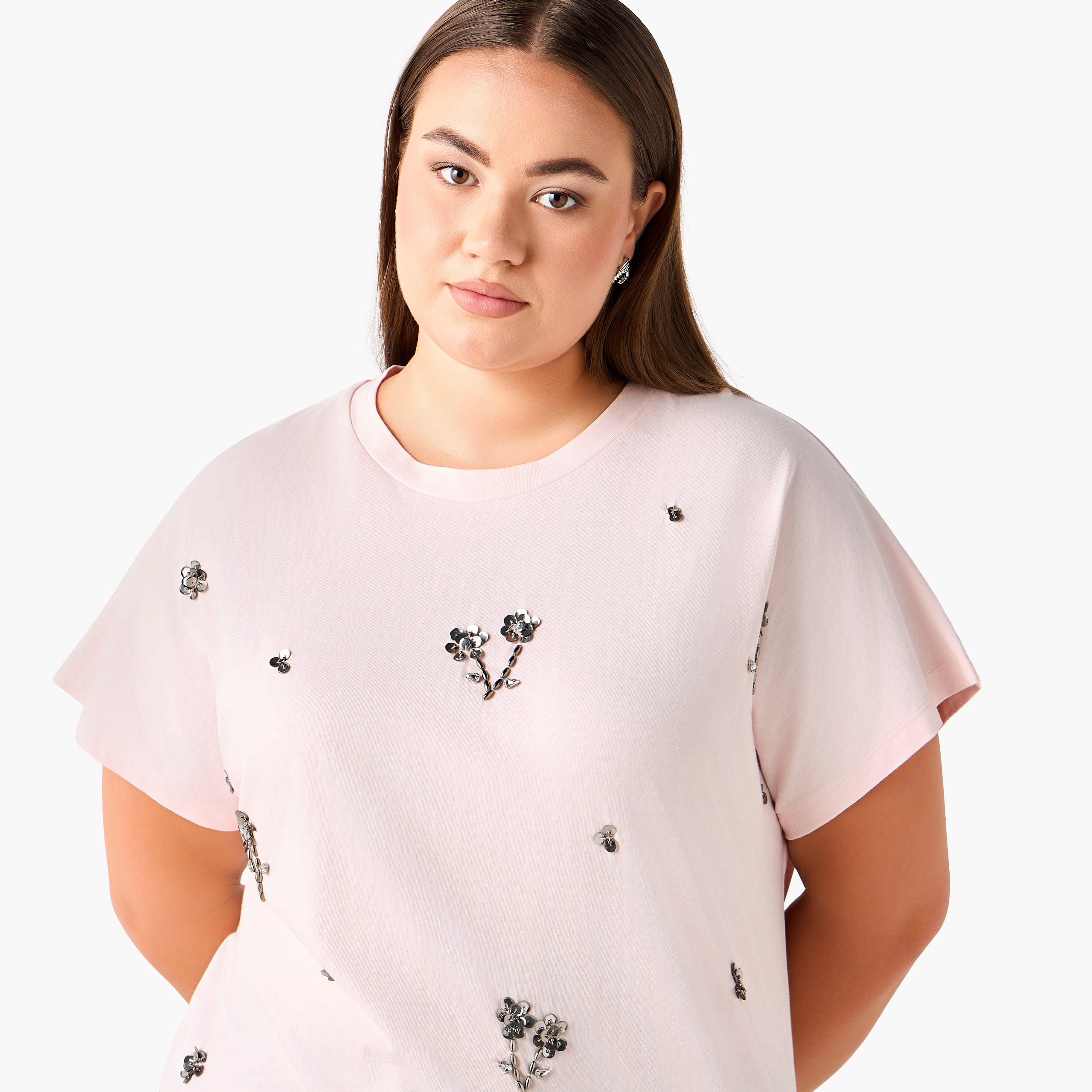 Ulla Popken Relaxed Fit Cotton T-shirt with Sequin Embellishment-women-clothing-tshirts-image-6