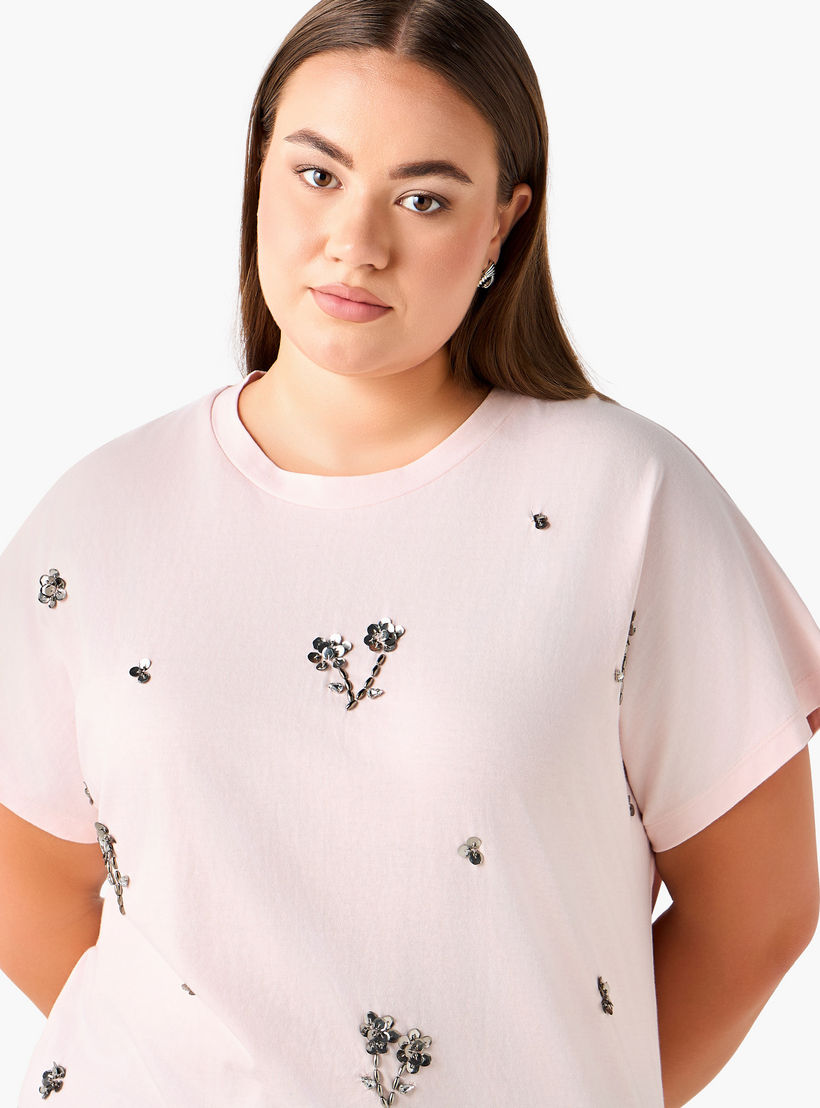 Ulla Popken Relaxed Fit Cotton T-shirt with Sequin Embellishment-women-clothing-tshirts-image-6