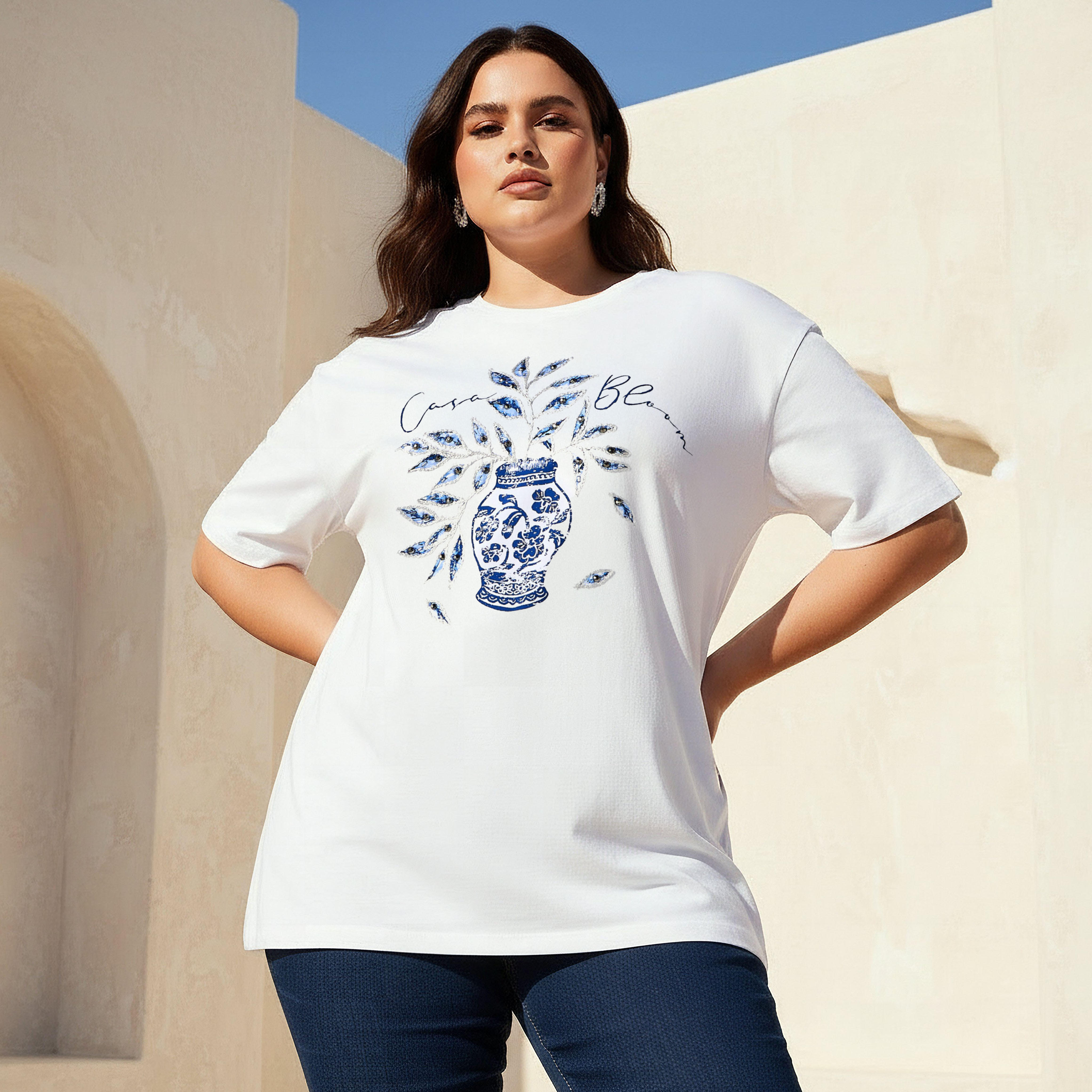 Ulla Popken Relaxed Fit Cotton T-Shirt with Vase Print and Embroidery-women-clothing-tshirts-image-1