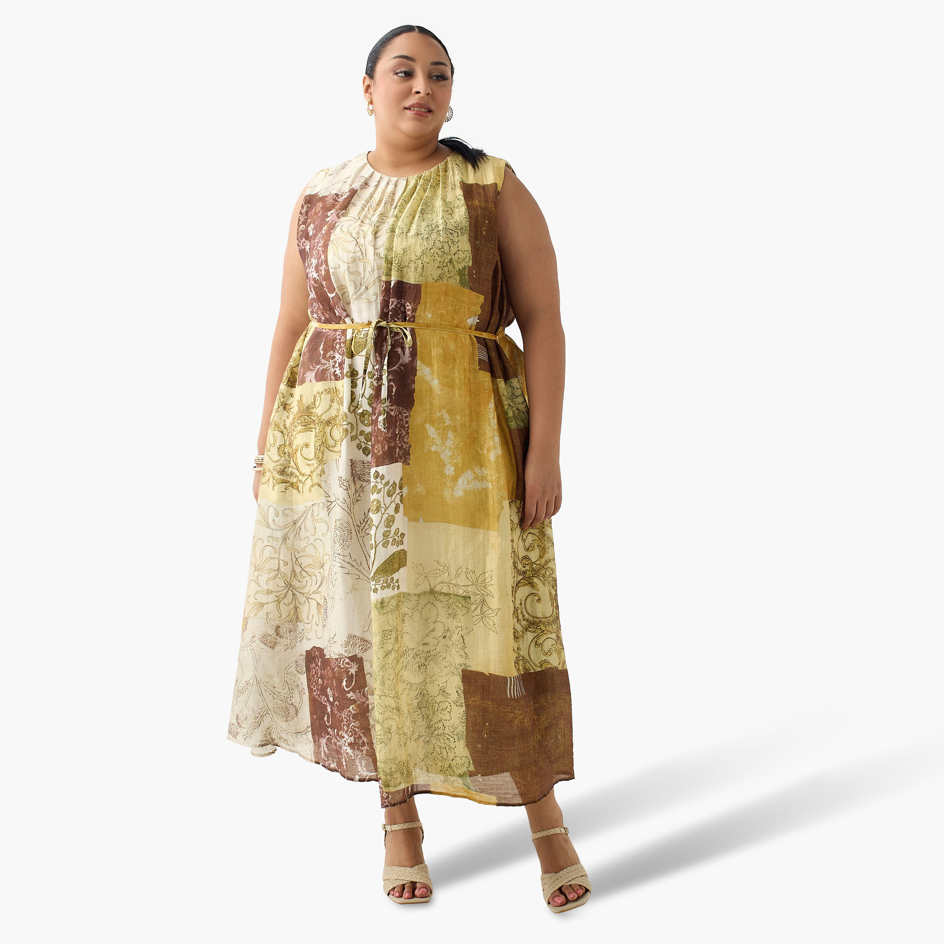 فستان نسائي بقصة إيه لاين وطبعات مرقعة من مزيج الكتان مع حزام من أولا بوبكن-women-clothing-dresses-image-2