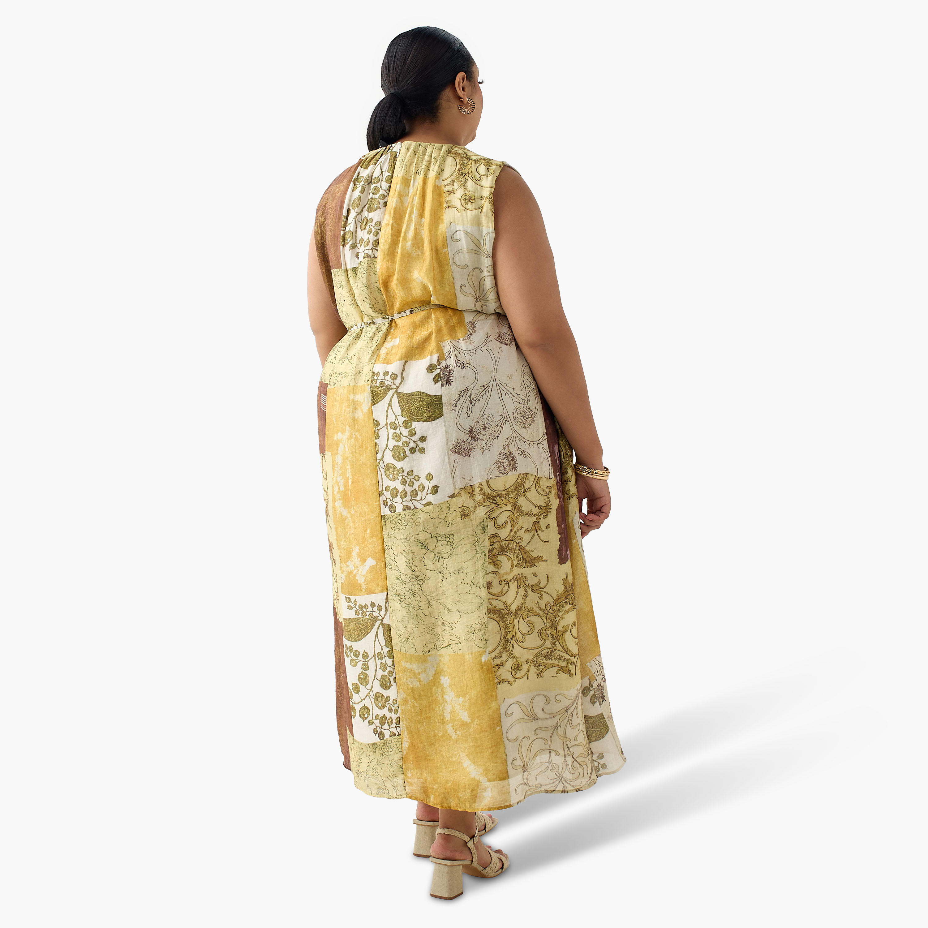 فستان نسائي بقصة إيه لاين وطبعات مرقعة من مزيج الكتان مع حزام من أولا بوبكن-women-clothing-dresses-image-4