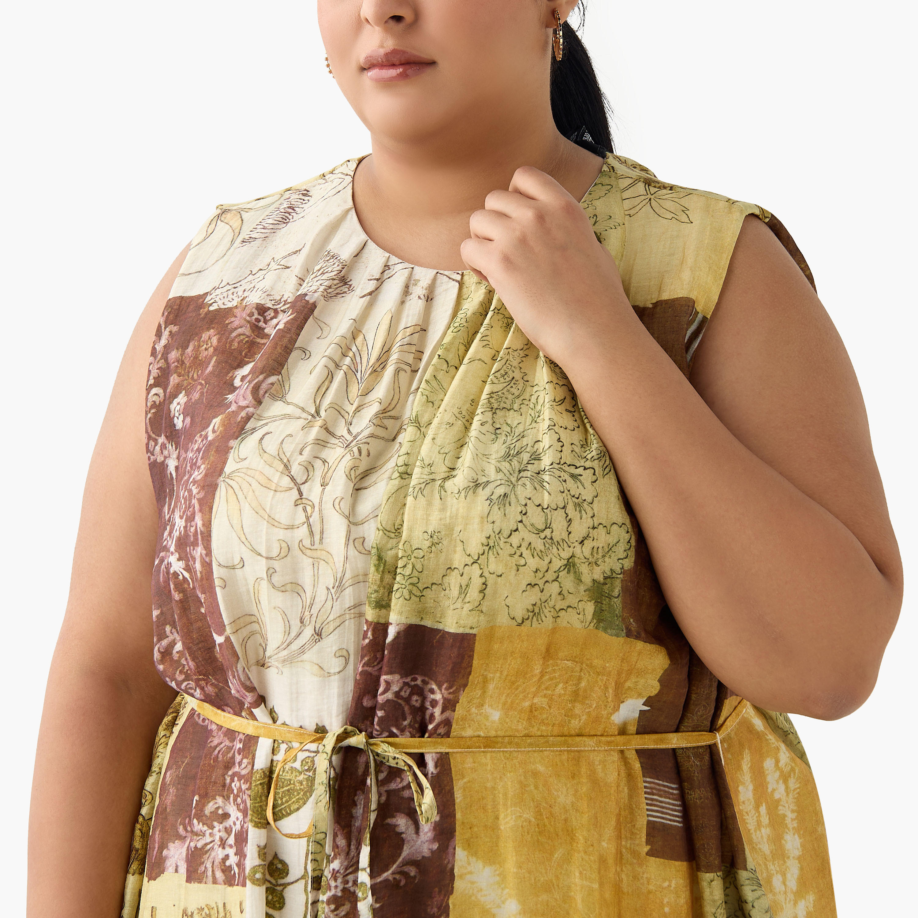 فستان نسائي بقصة إيه لاين وطبعات مرقعة من مزيج الكتان مع حزام من أولا بوبكن-women-clothing-dresses-image-5