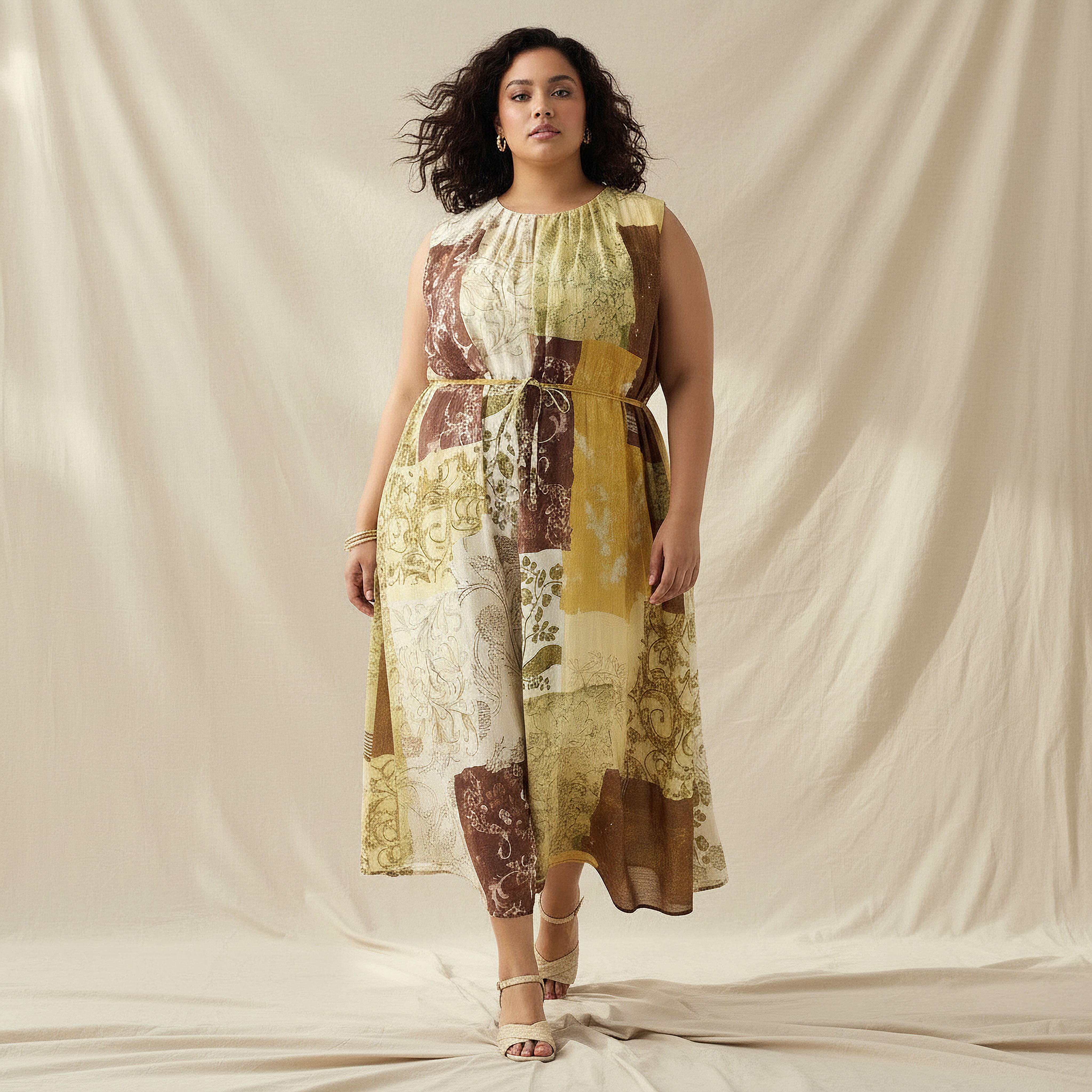 فستان نسائي بقصة إيه لاين وطبعات مرقعة من مزيج الكتان مع حزام من أولا بوبكن-women-clothing-dresses-image-1