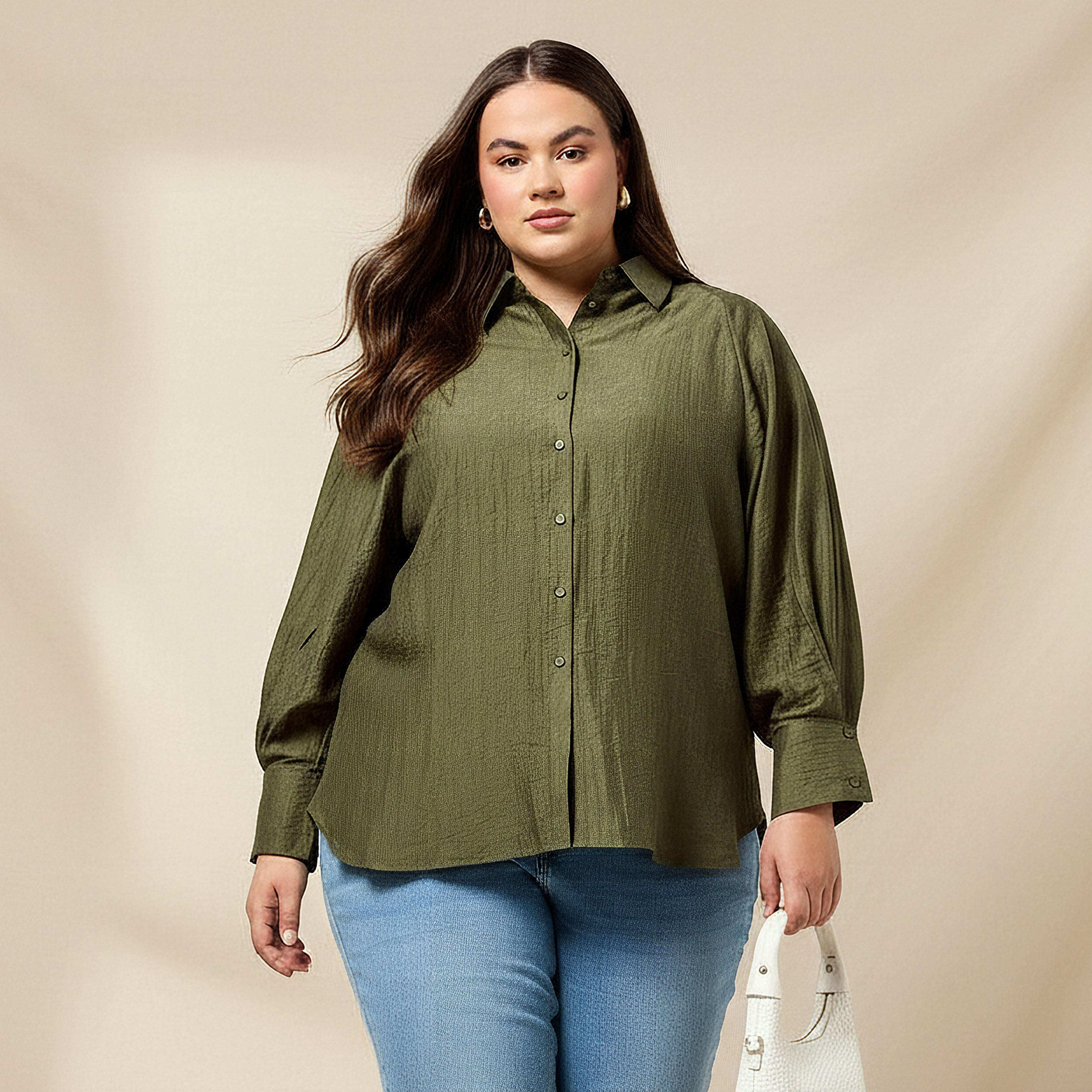 قميص جاكار بقصّة مريحة وأكمام مغايرة مقاس كبير من أولا بوبكن-women-clothing-shirtsandblouses-shirts-image-1