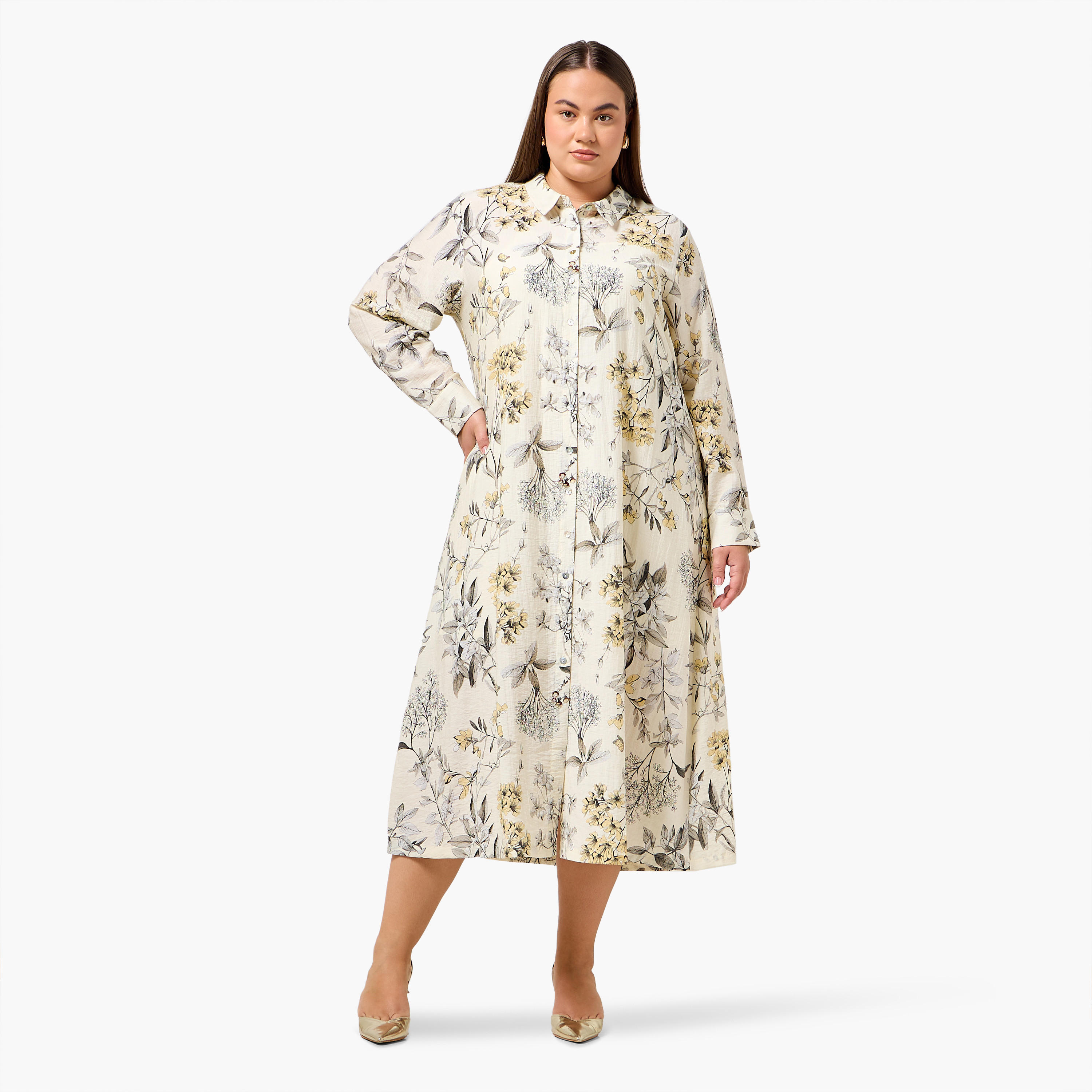 فستان قميص نسائي من مزيج الكتان بطبعات زهور بمقاسات كبيرة من أولا بوبكن-women-clothing-dresses-image-2