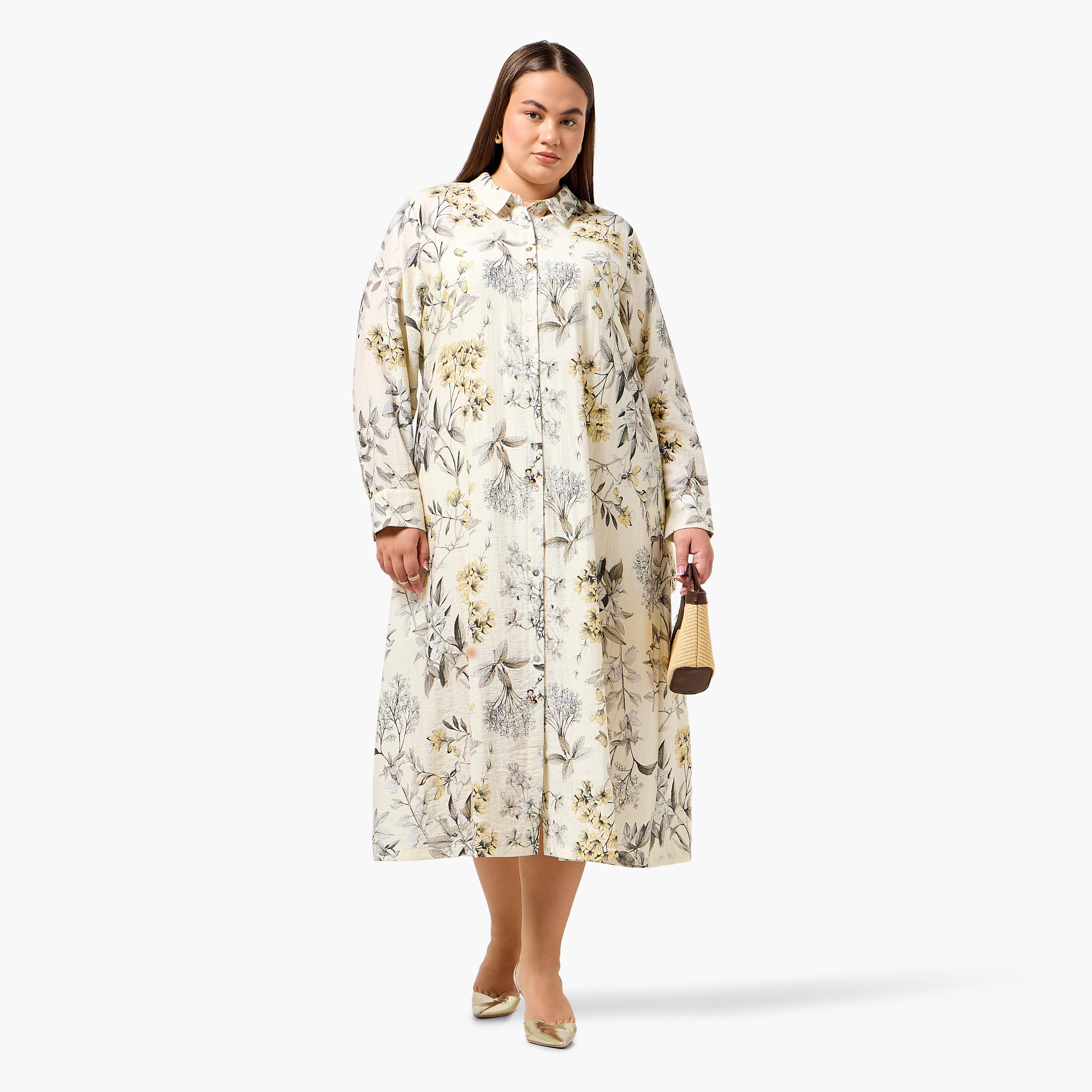 فستان قميص نسائي من مزيج الكتان بطبعات زهور بمقاسات كبيرة من أولا بوبكن-women-clothing-dresses-image-4