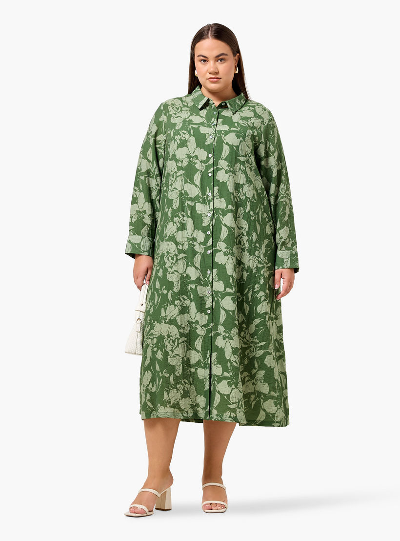 Ulla Popken Plus Size Floral Print Women Linen Blend Shirt Dress-women-clothing-dresses-image-2