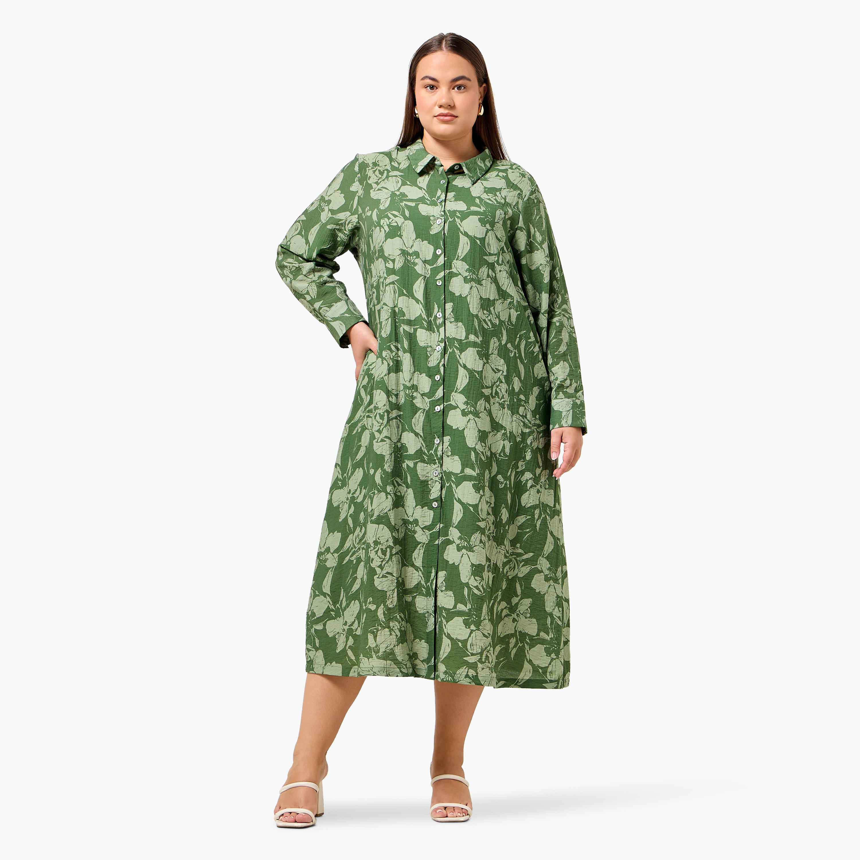 فستان قميص نسائي من مزيج الكتان بطبعات زهور بمقاسات كبيرة من أولا بوبكن-women-clothing-dresses-image-4