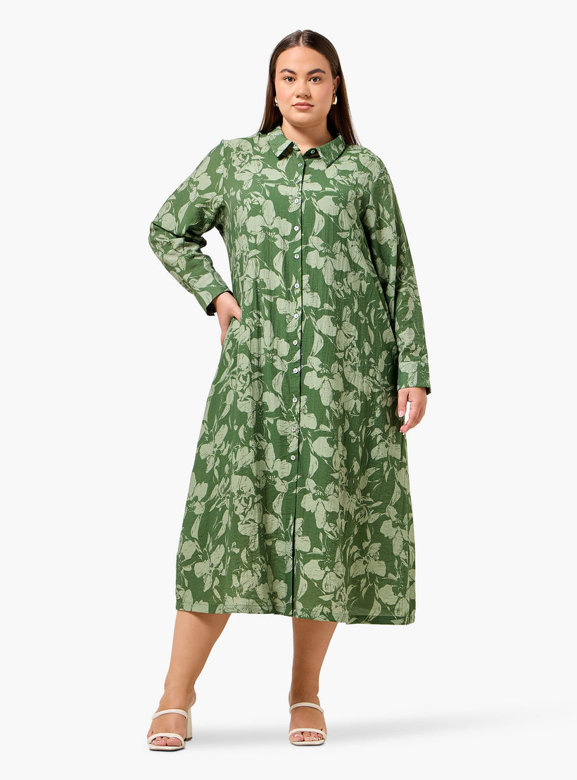 Ulla Popken Plus Size Floral Print Women Linen Blend Shirt Dress-women-clothing-dresses-image-4