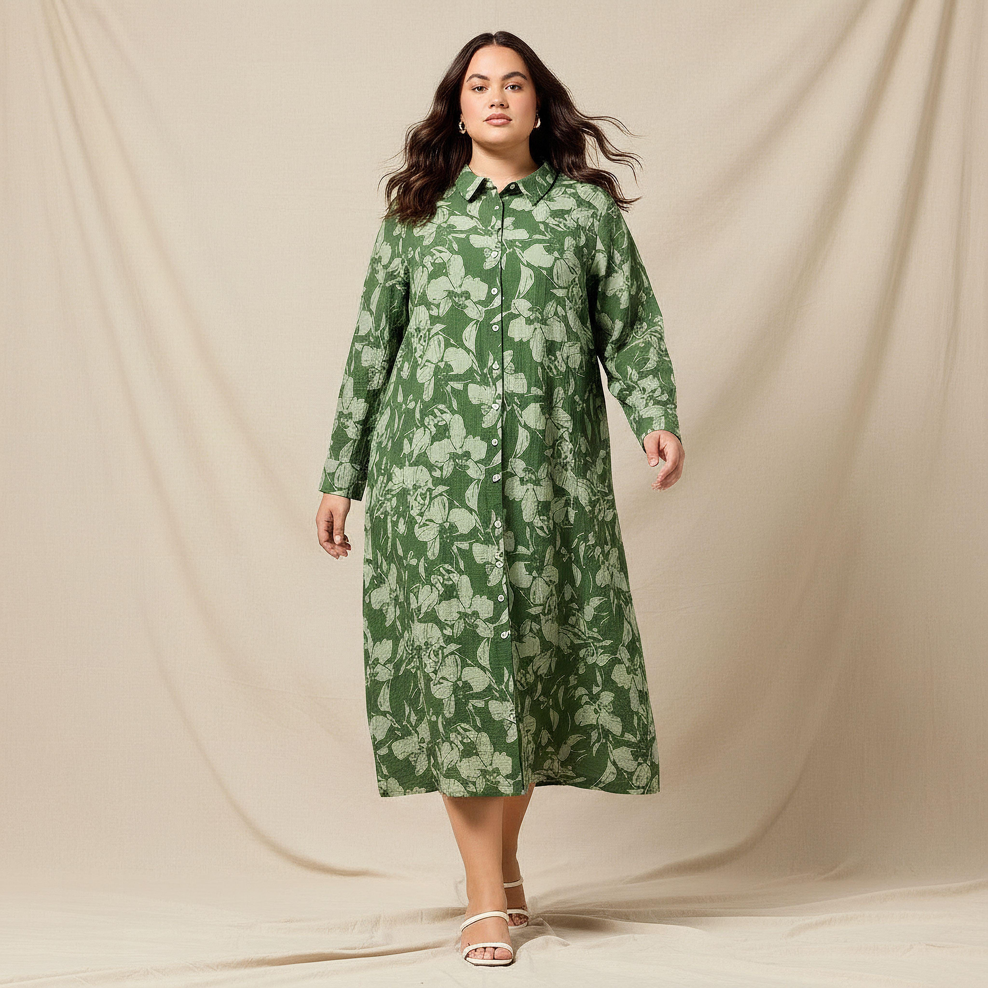 فستان قميص نسائي من مزيج الكتان بطبعات زهور بمقاسات كبيرة من أولا بوبكن-women-clothing-dresses-image-1