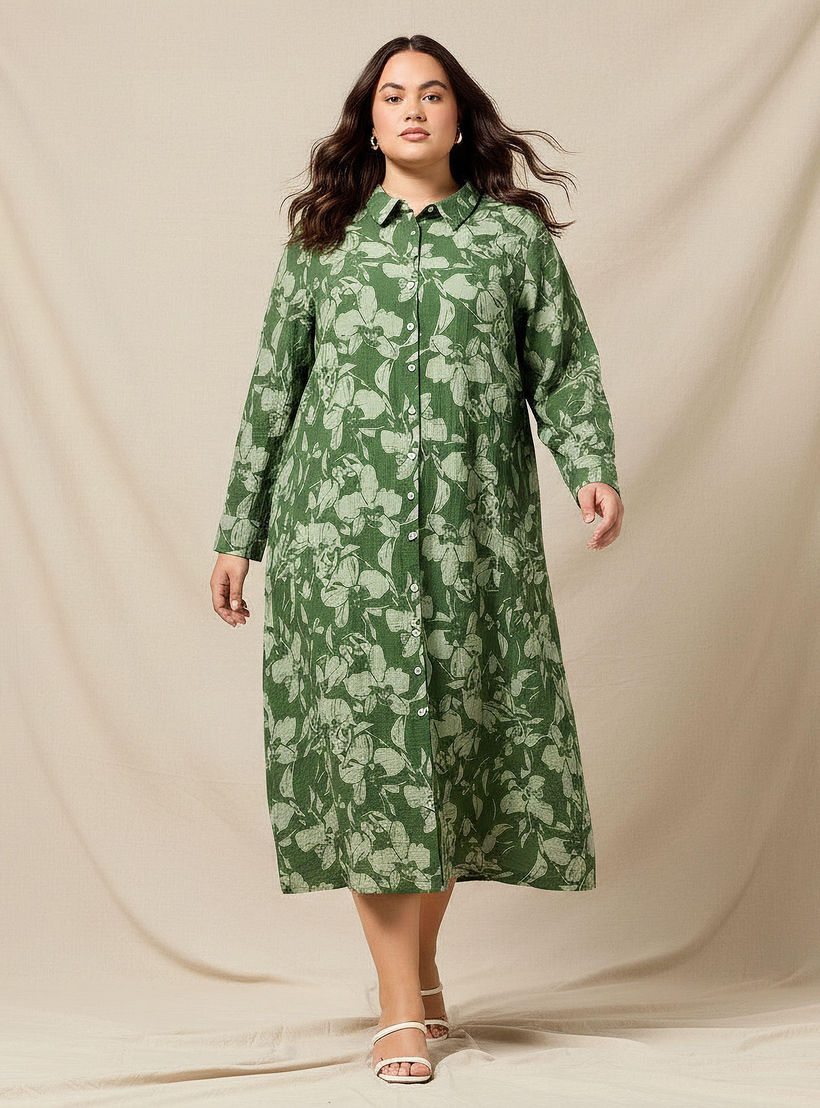 Ulla Popken Plus Size Floral Print Women Linen Blend Shirt Dress-women-clothing-dresses-image-1