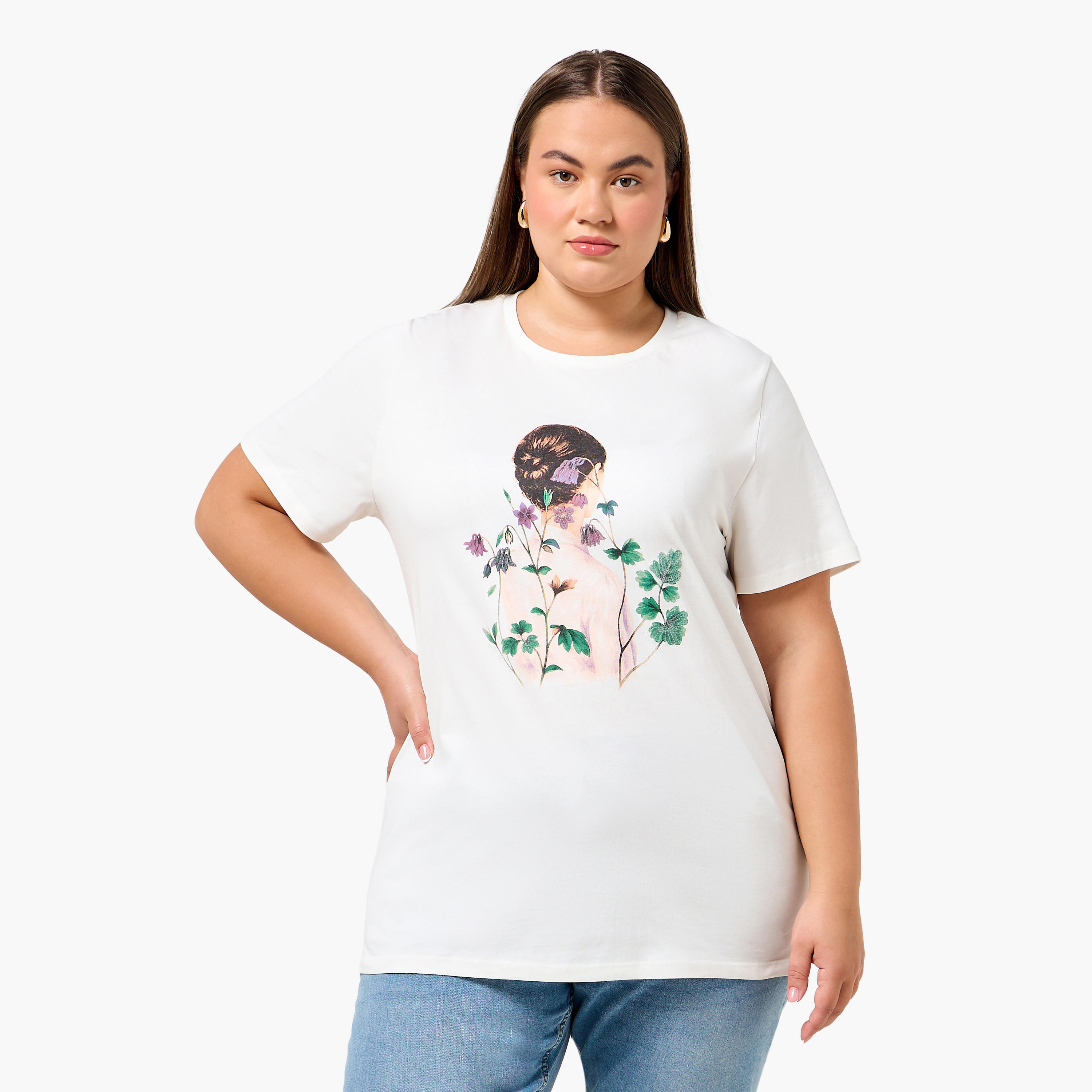 Ulla Popken Relaxed Fit Cotton T-shirt with Print-women-clothing-tshirts-image-1