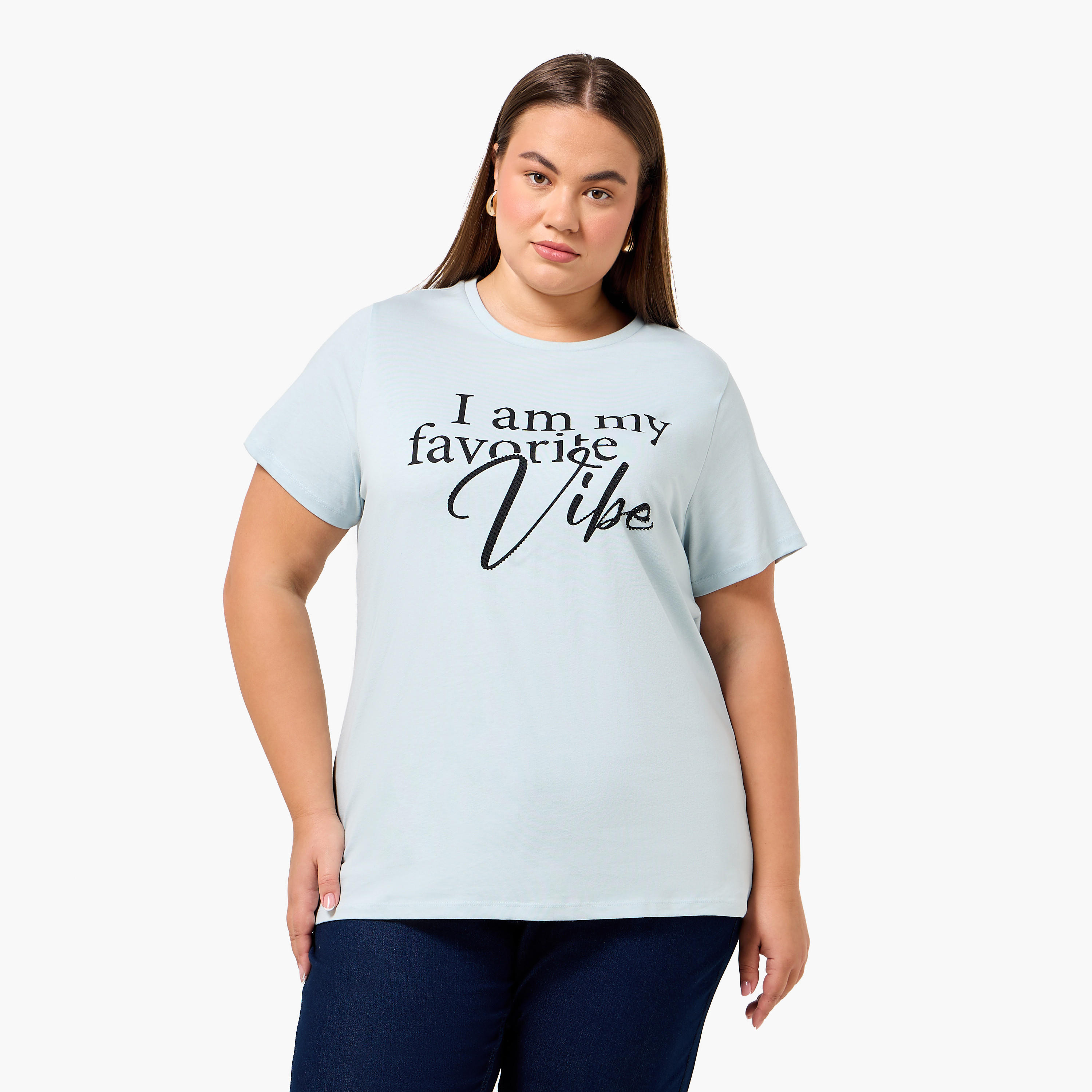 Ulla Popken Relaxed Fit Cotton T-shirt with Slogan Print-women-clothing-tshirts-image-1