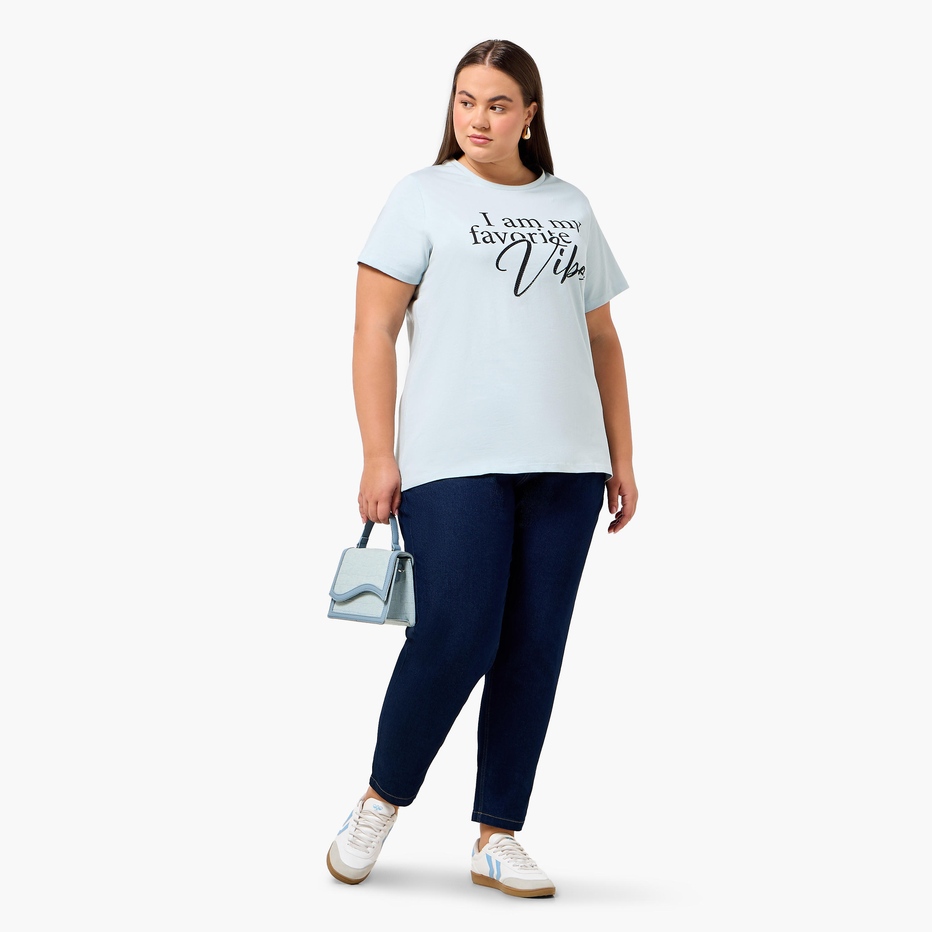 Ulla Popken Relaxed Fit Cotton T-shirt with Slogan Print-women-clothing-tshirts-image-3