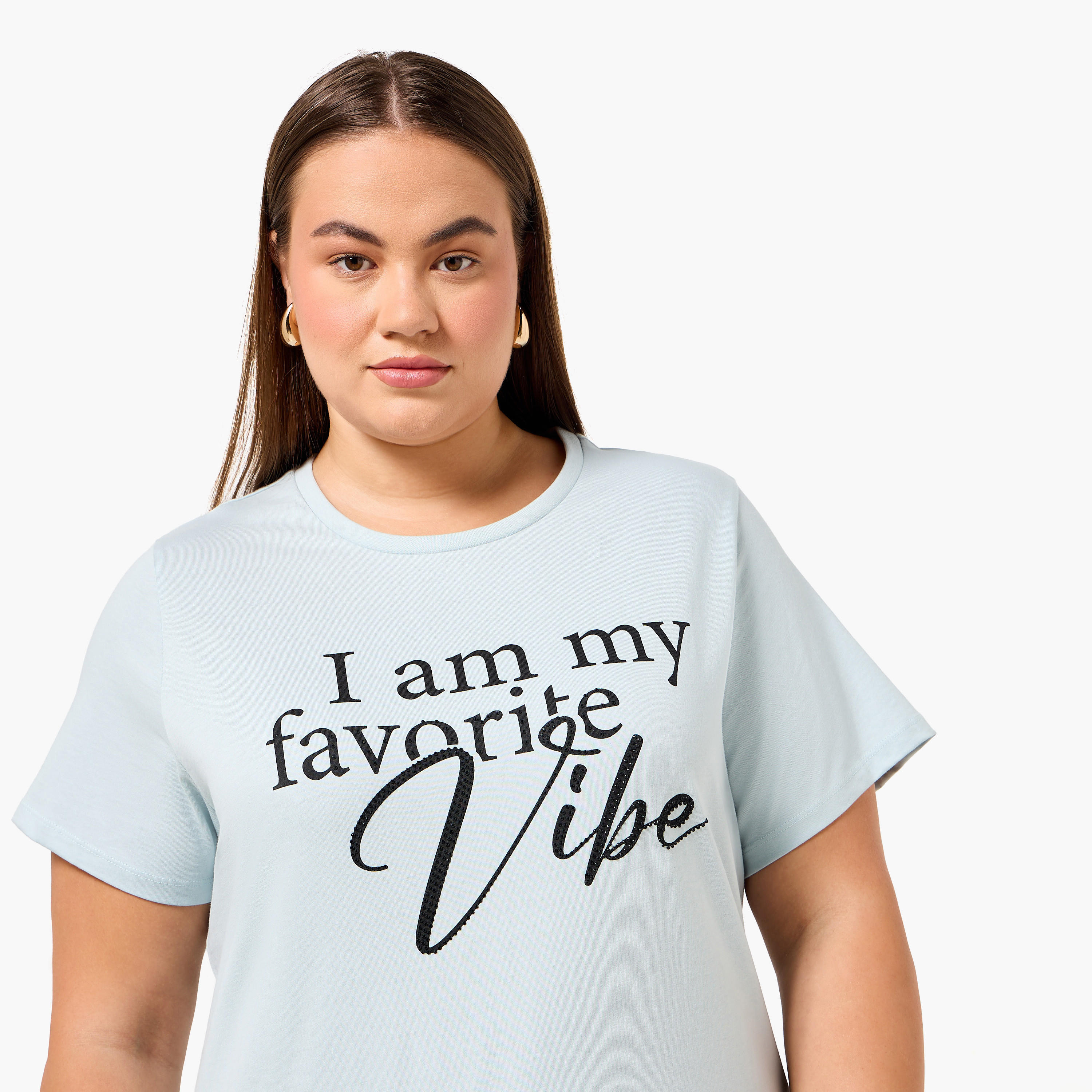 Ulla Popken Relaxed Fit Cotton T-shirt with Slogan Print-women-clothing-tshirts-image-5