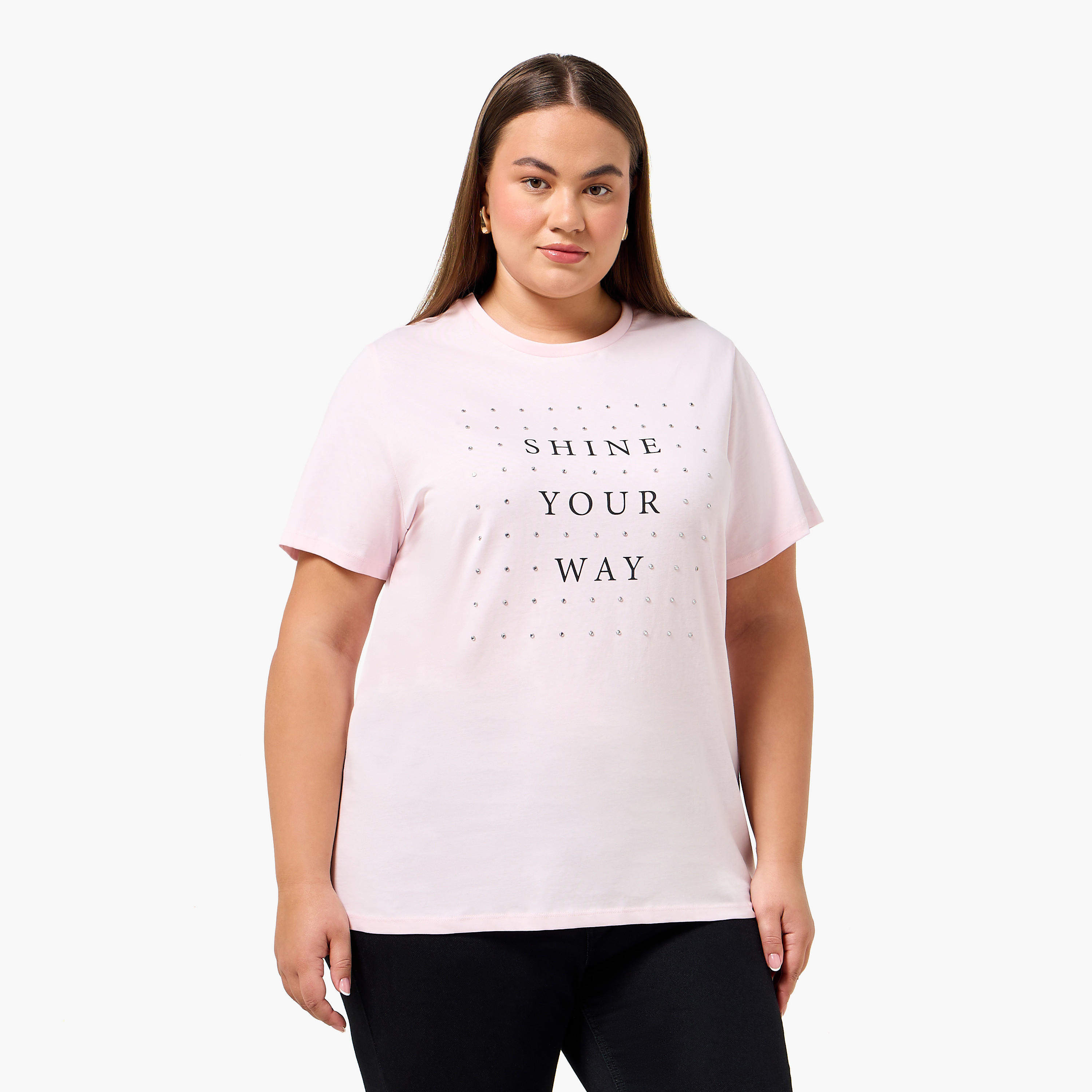 Ulla Popken Relaxed Fit Cotton T-shirt with Slogan Print-women-clothing-tshirts-image-1