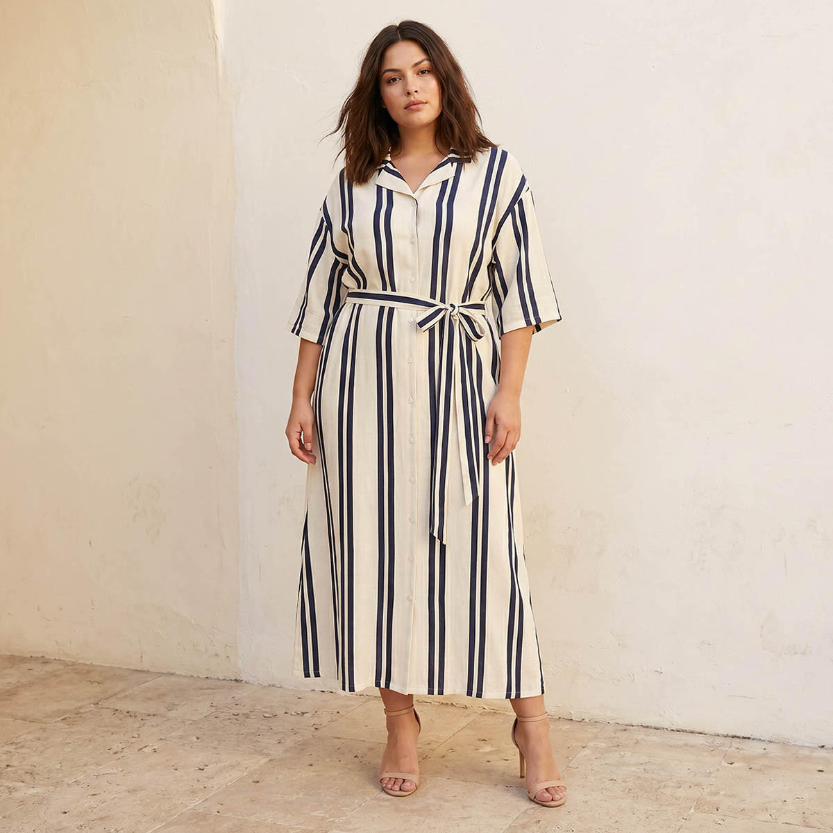 Ulla Popken Striped Women Shirt Dress with Tie-Up Belt-women-clothing-dresses-image-1